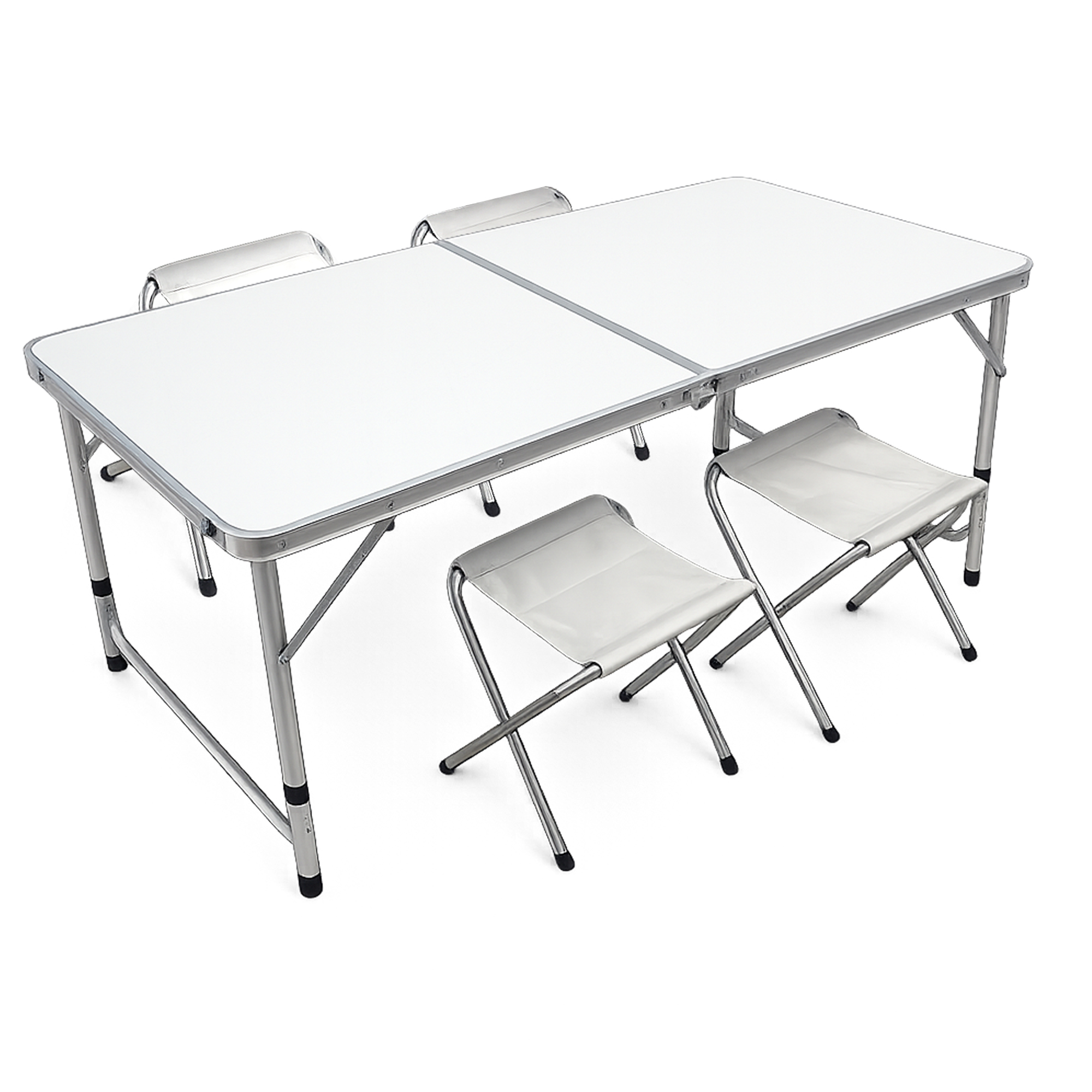 Una mesa blanca plegable con cuatro taburetes a juego sobre fondo blanco.