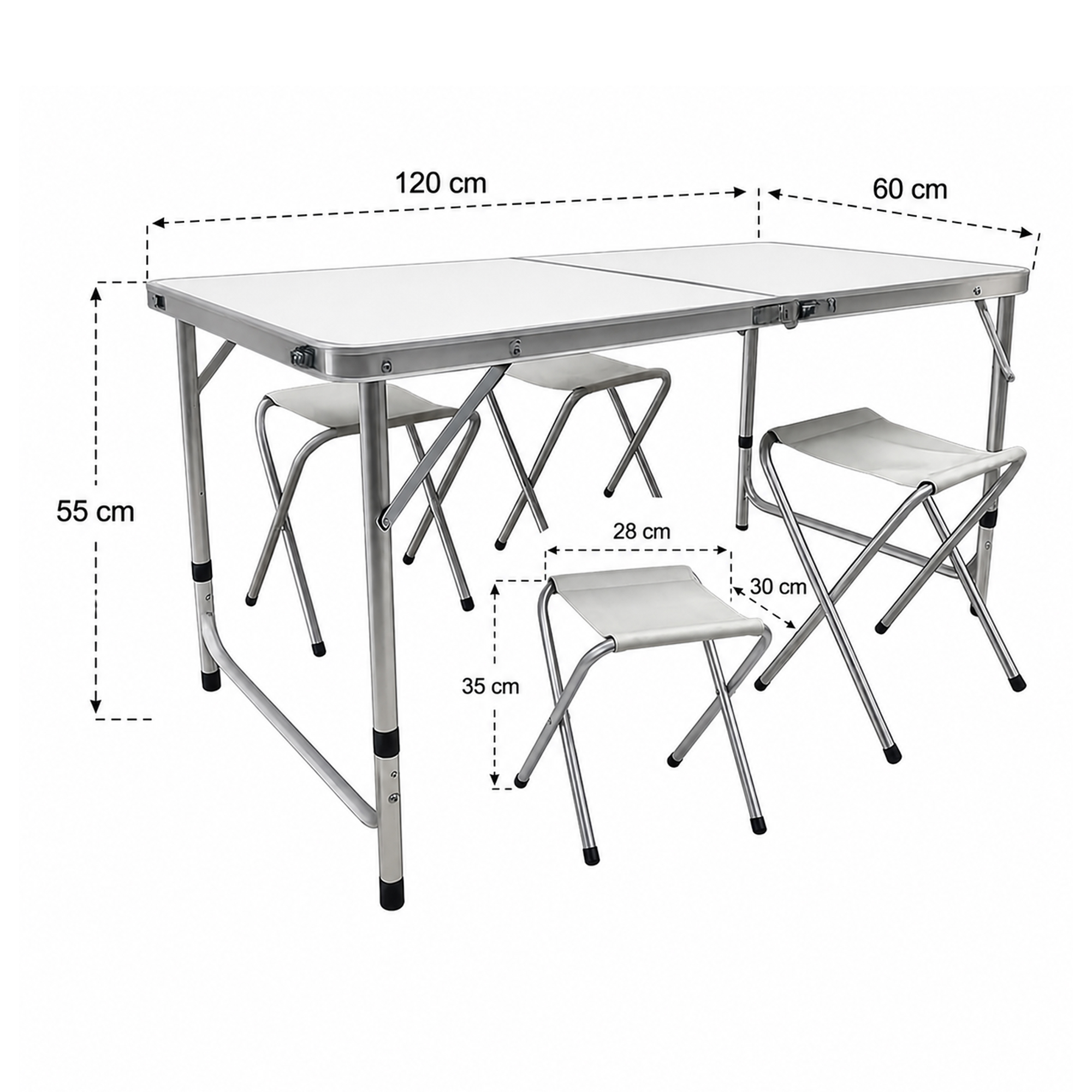 Una mesa de camping plegable con cuatro taburetes a juego y medidas en centímetros sobre un fondo blanco.