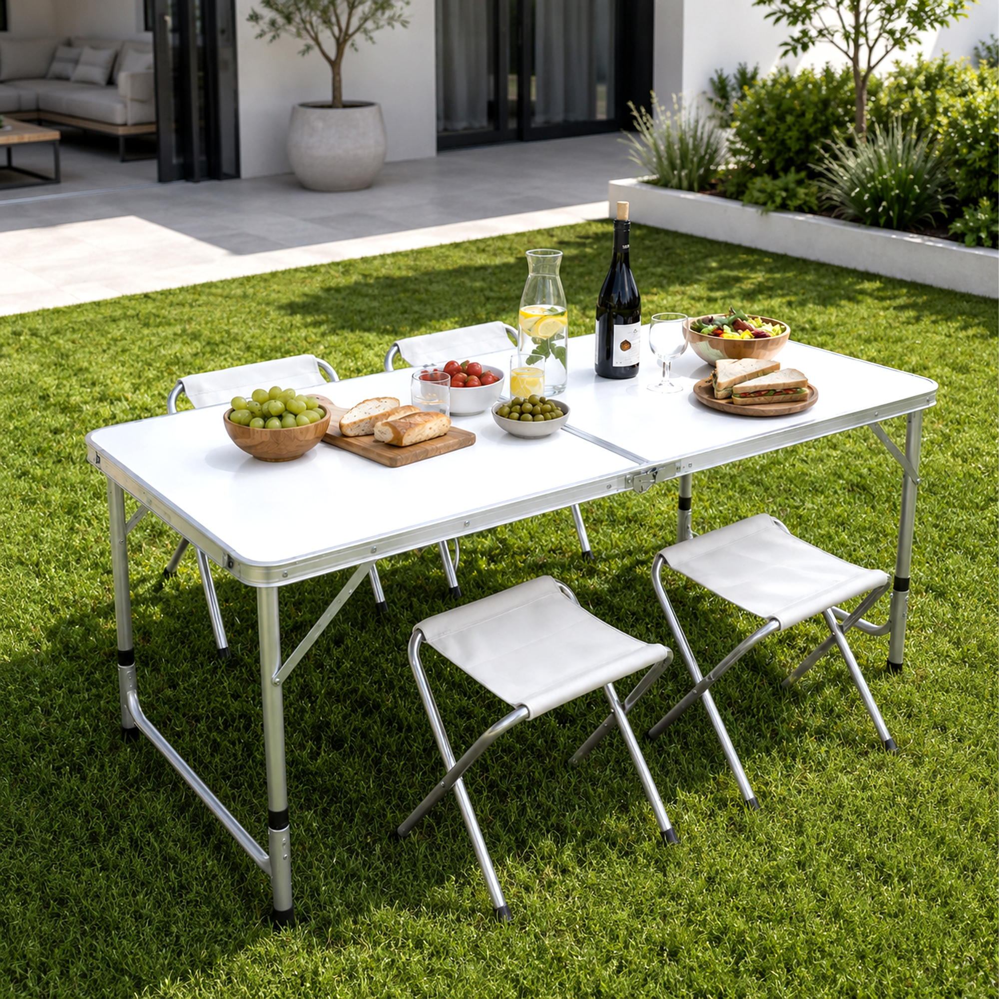 Una mesa plegable blanca y sillas en el césped verde al aire libre con comida y bebida.