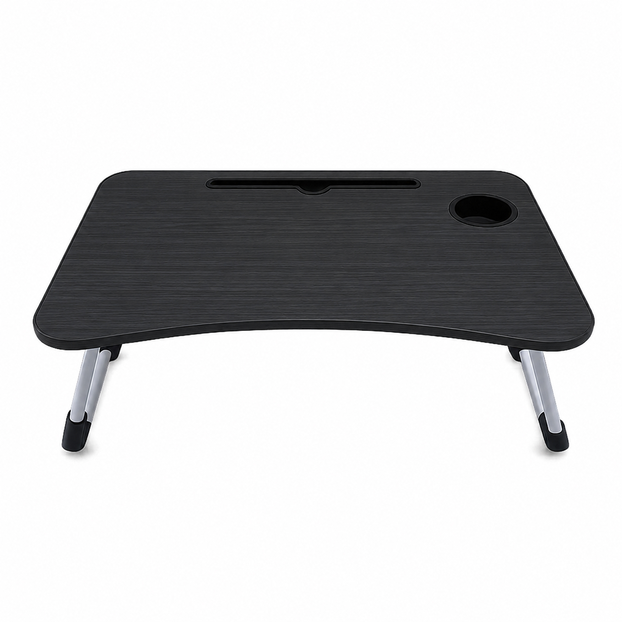 Un escritorio portátil negro para regazo con patas plegables, portavasos y ranura para tableta sobre fondo blanco.