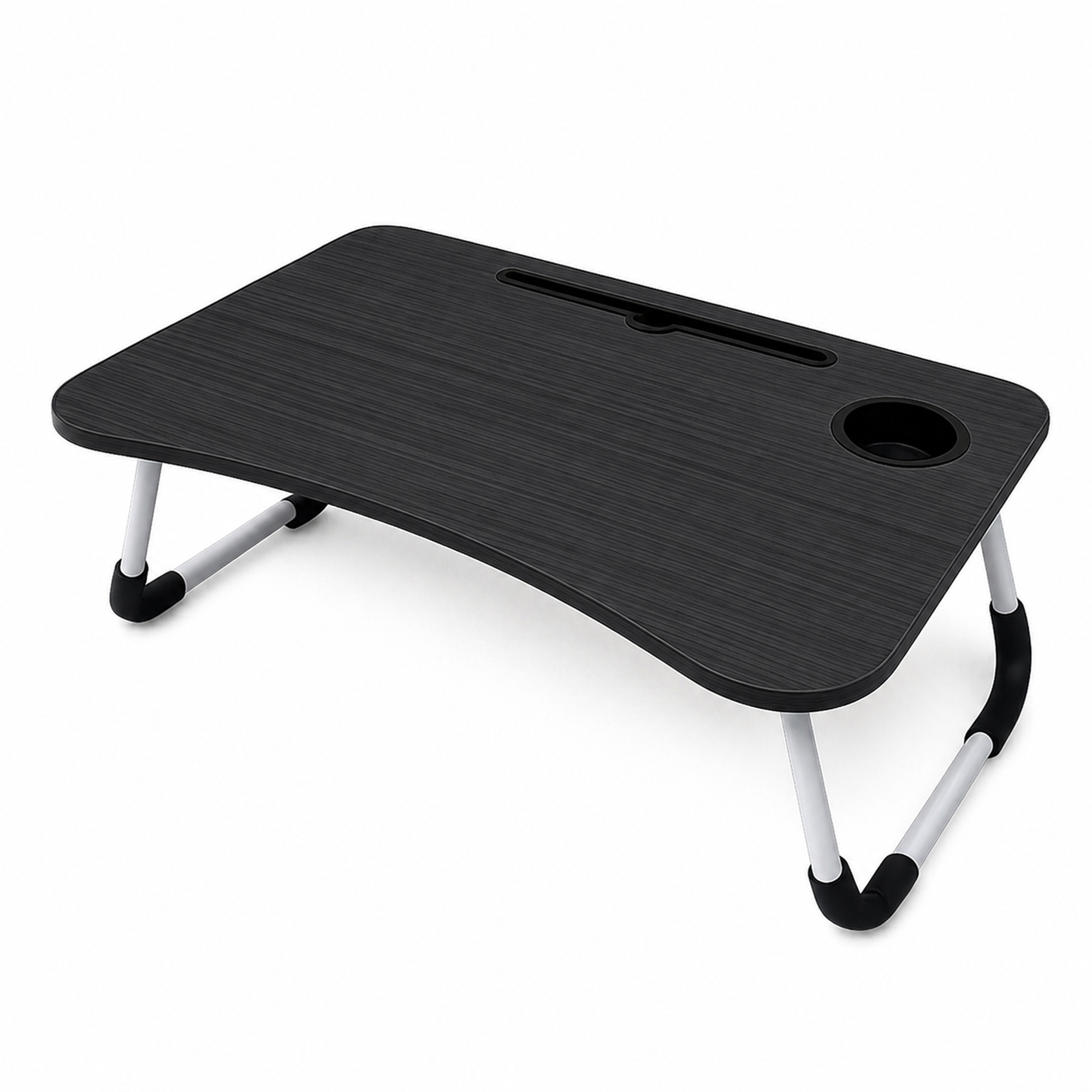 Una mesa negra para ordenador portátil con patas plegables, portavasos integrado y ranura para tableta.