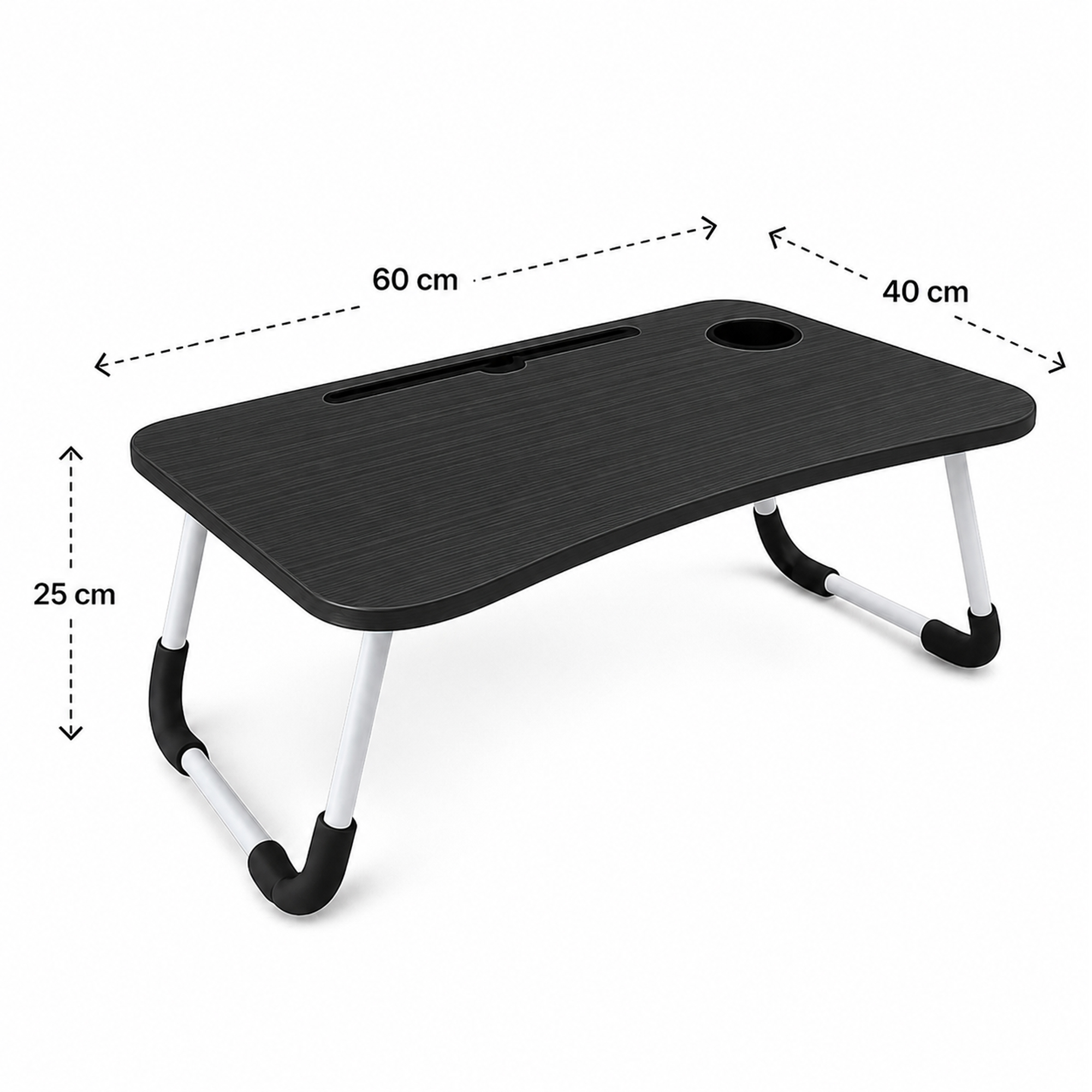 Una mesa para portátil negra con patas blancas plegables, posavasos y ranura para tablet, dimensiones 60x40x25 cm.