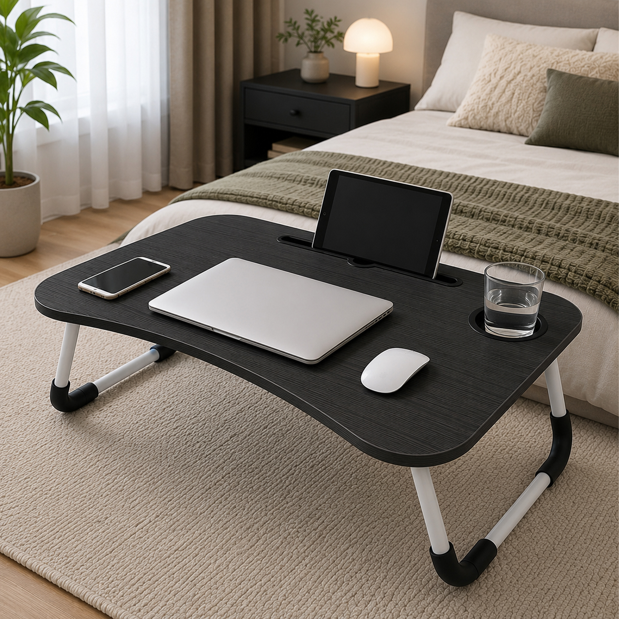 Una mesa para portátil en la cama con ordenador, tableta, ratón, móvil y vaso de agua.
