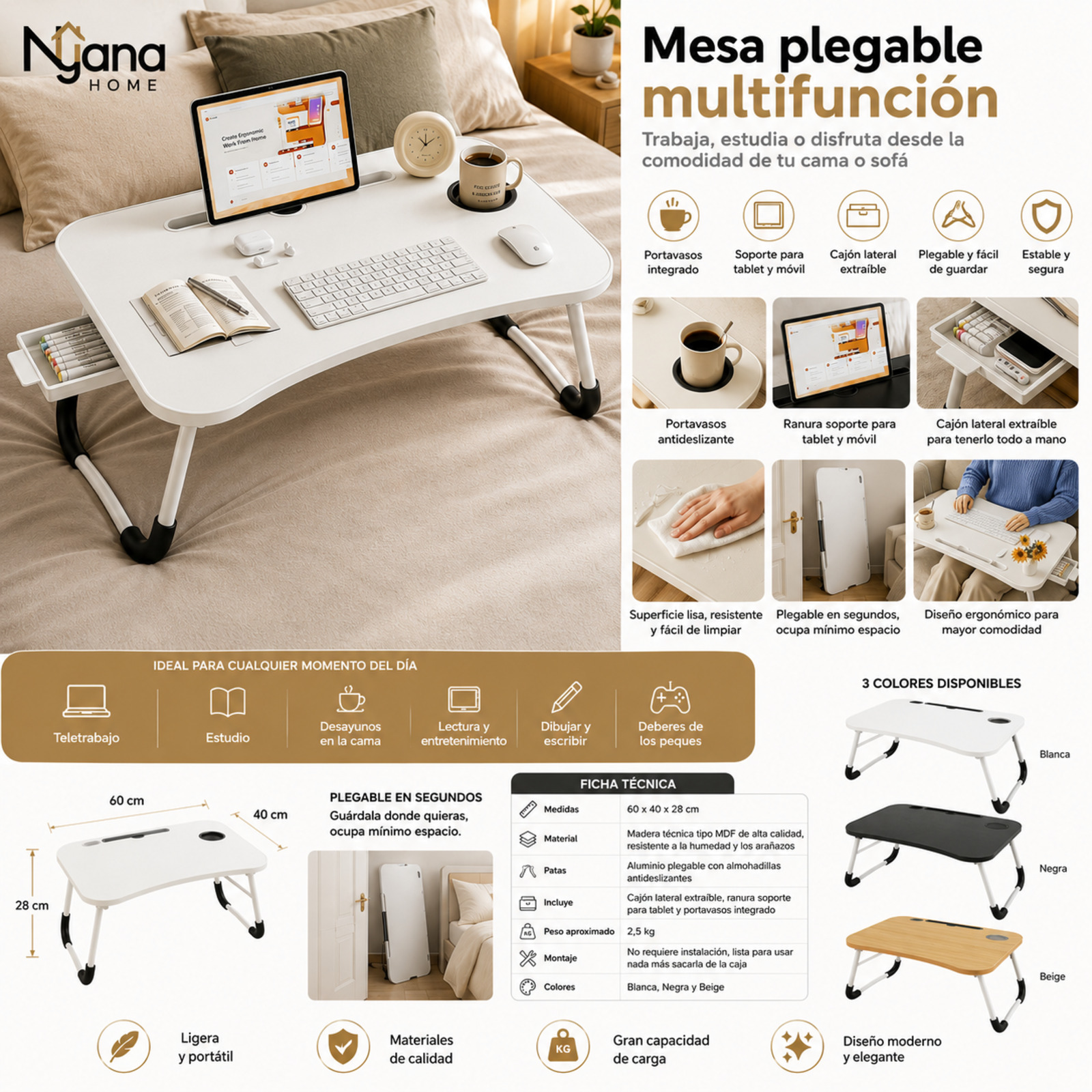 Mesa plegable blanca para cama con ranura para tablet, posavasos, cajón lateral y patas.