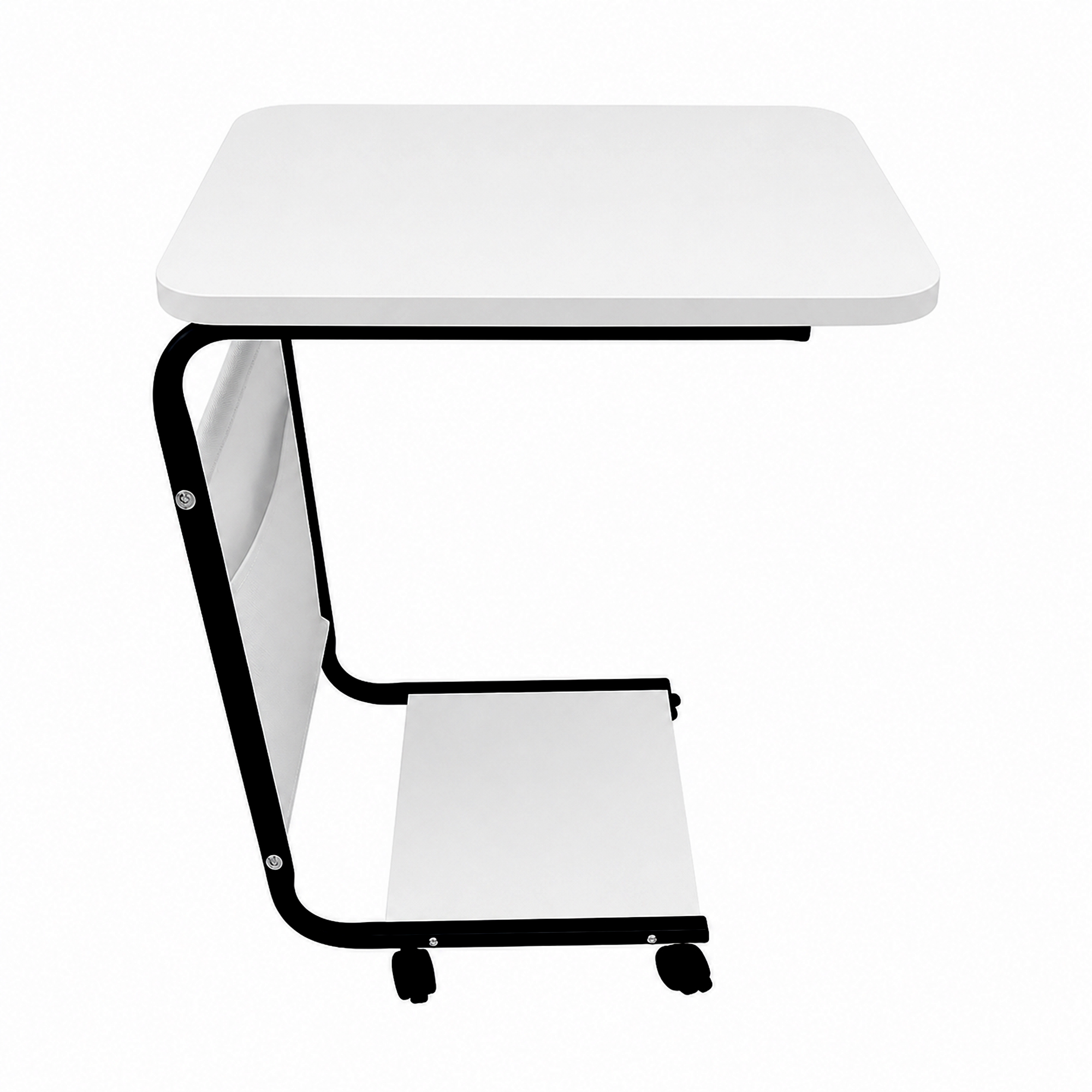 Mesa auxiliar blanca móvil con estructura de metal negro y ruedas.