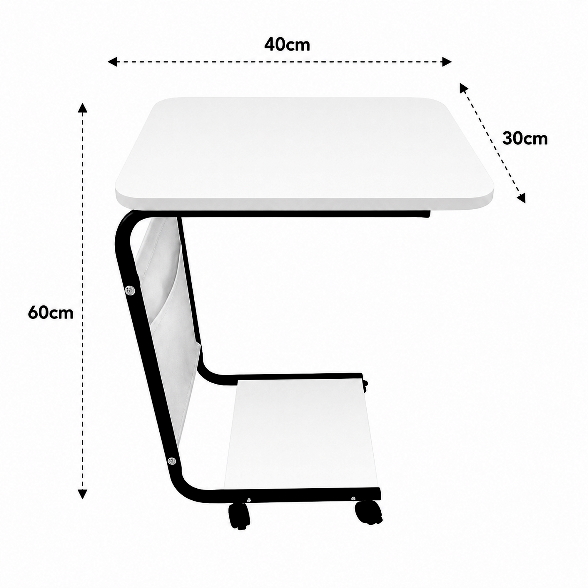 Mesa auxiliar blanca en forma de C con ruedas, bolsillo lateral y medidas: 40 cm de ancho, 30 cm de profundidad y 60 cm de alto.
