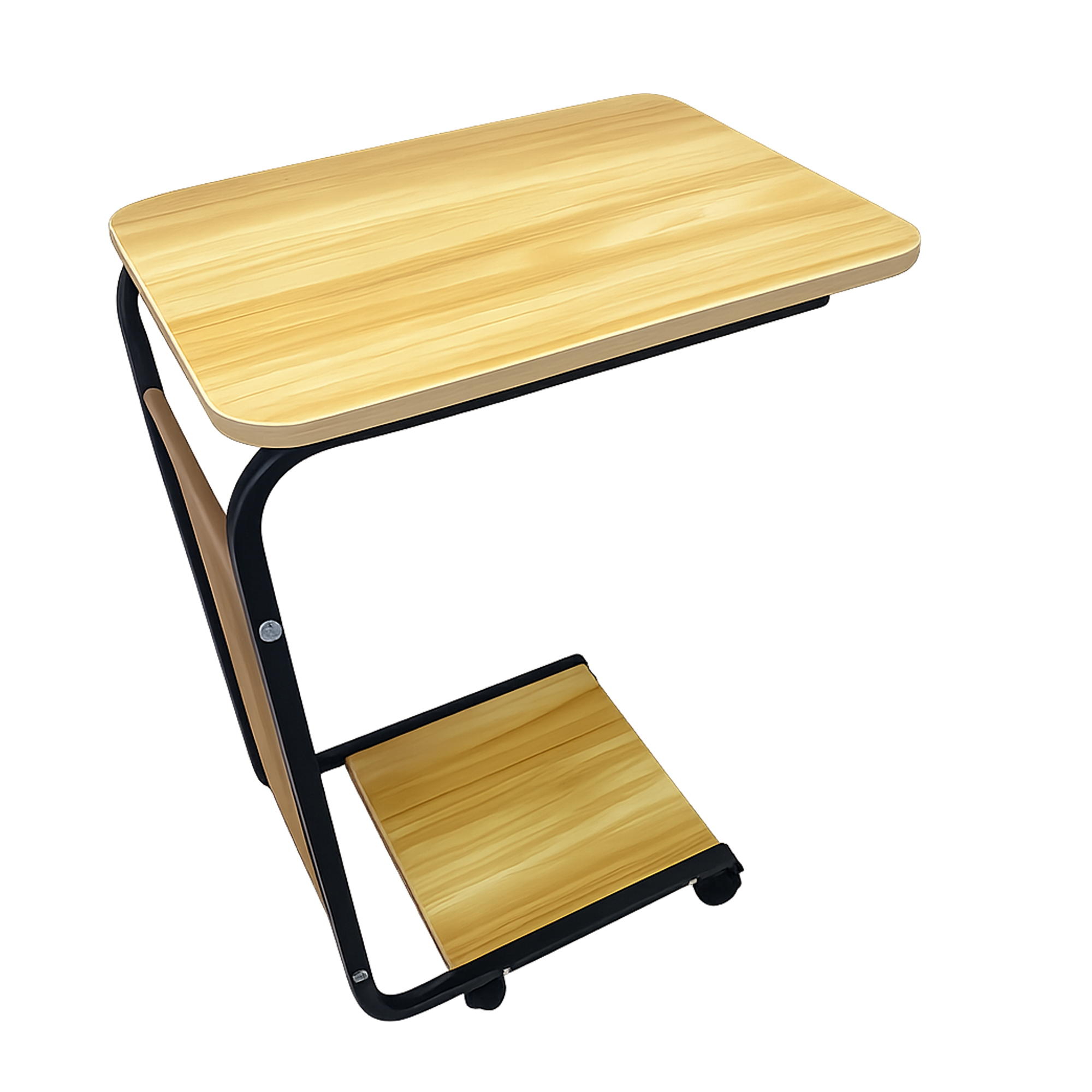 Una pequeña mesa auxiliar móvil con tableros de madera y estructura de metal negro.