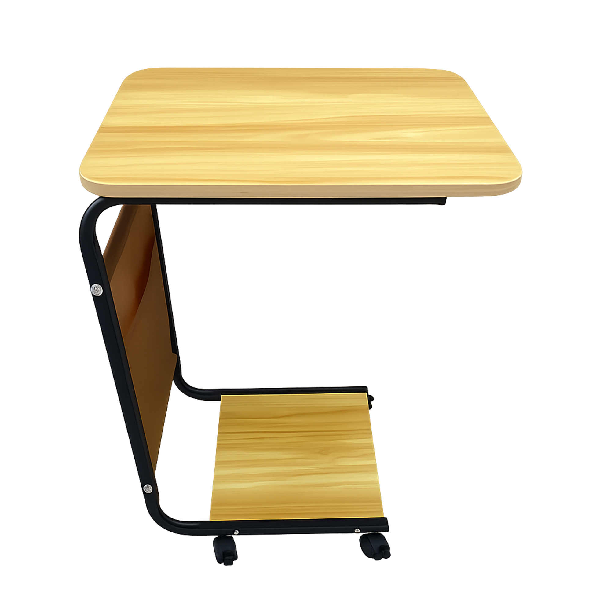 Pequeña mesa auxiliar móvil con tablero de madera, estructura metálica y estante inferior con ruedas.