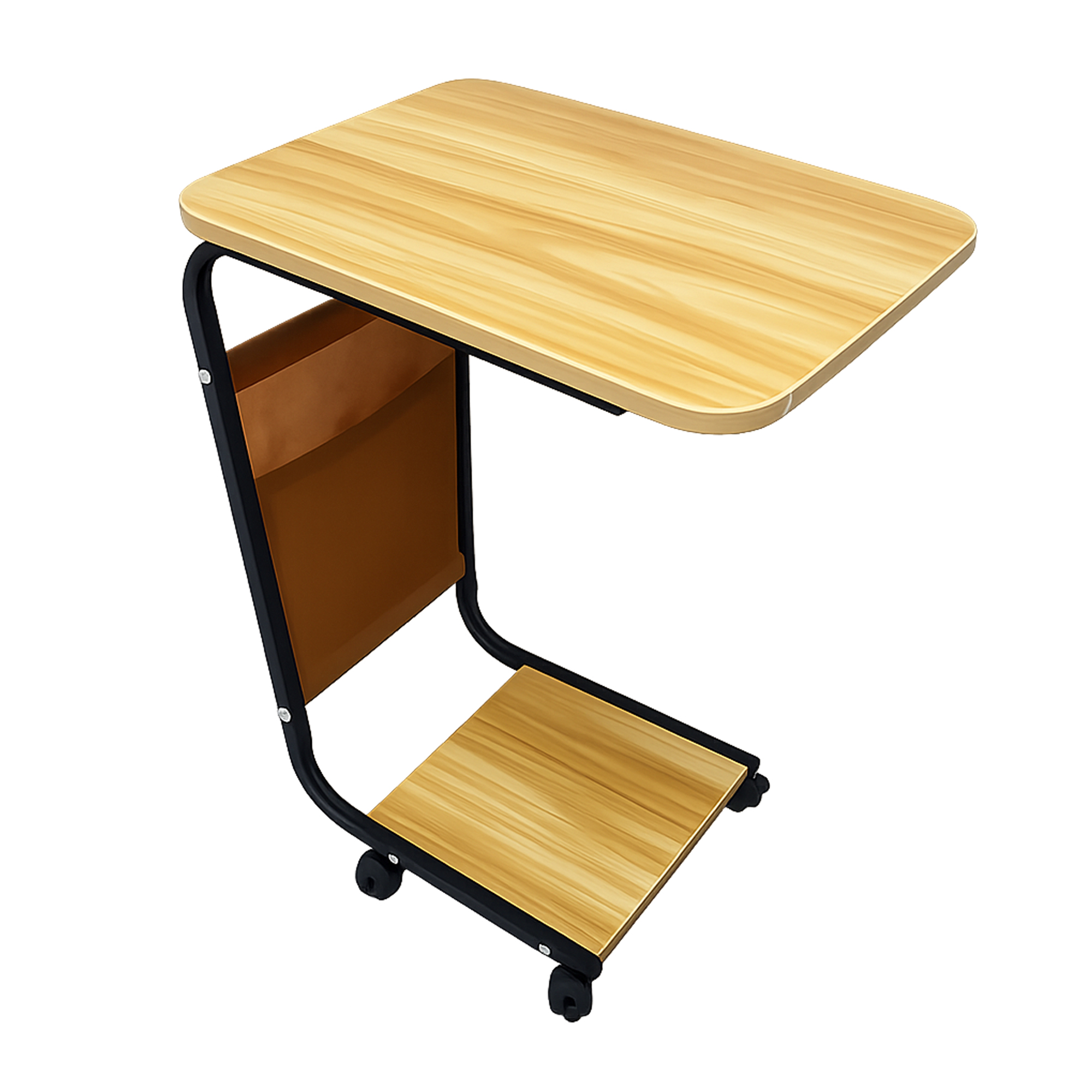 Pequeña mesa auxiliar con ruedas, tablero de madera, estructura de metal negro y bolsillo lateral de tela marrón.