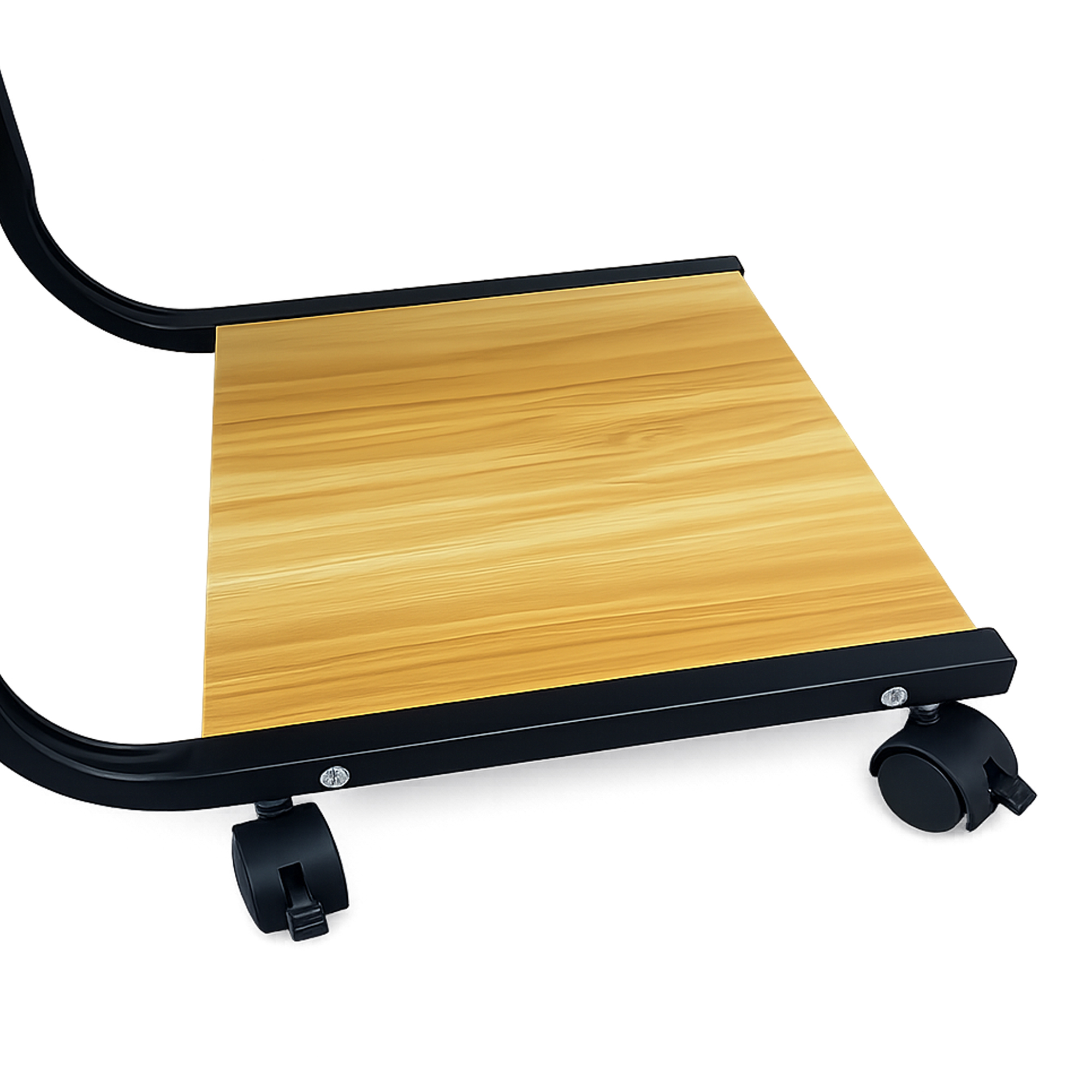 Una plataforma de madera con marco de metal negro y ruedas sobre fondo blanco.