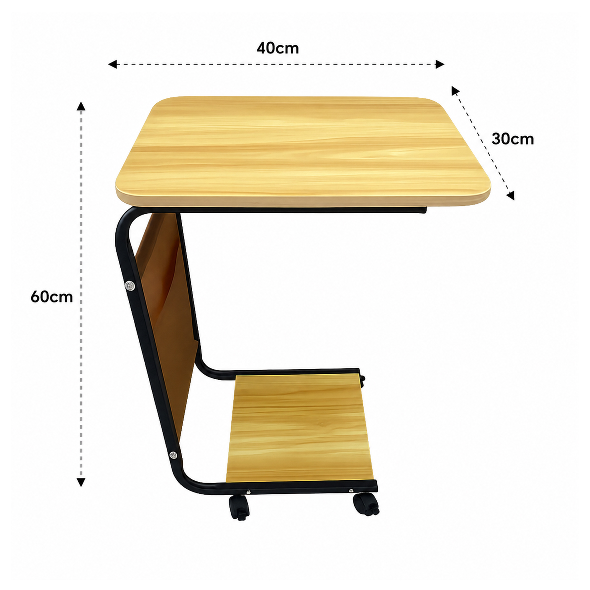 Pequeña mesa auxiliar móvil con acabado de madera y patas de metal negro con ruedas. Dimensiones: 40x30x60 cm.
