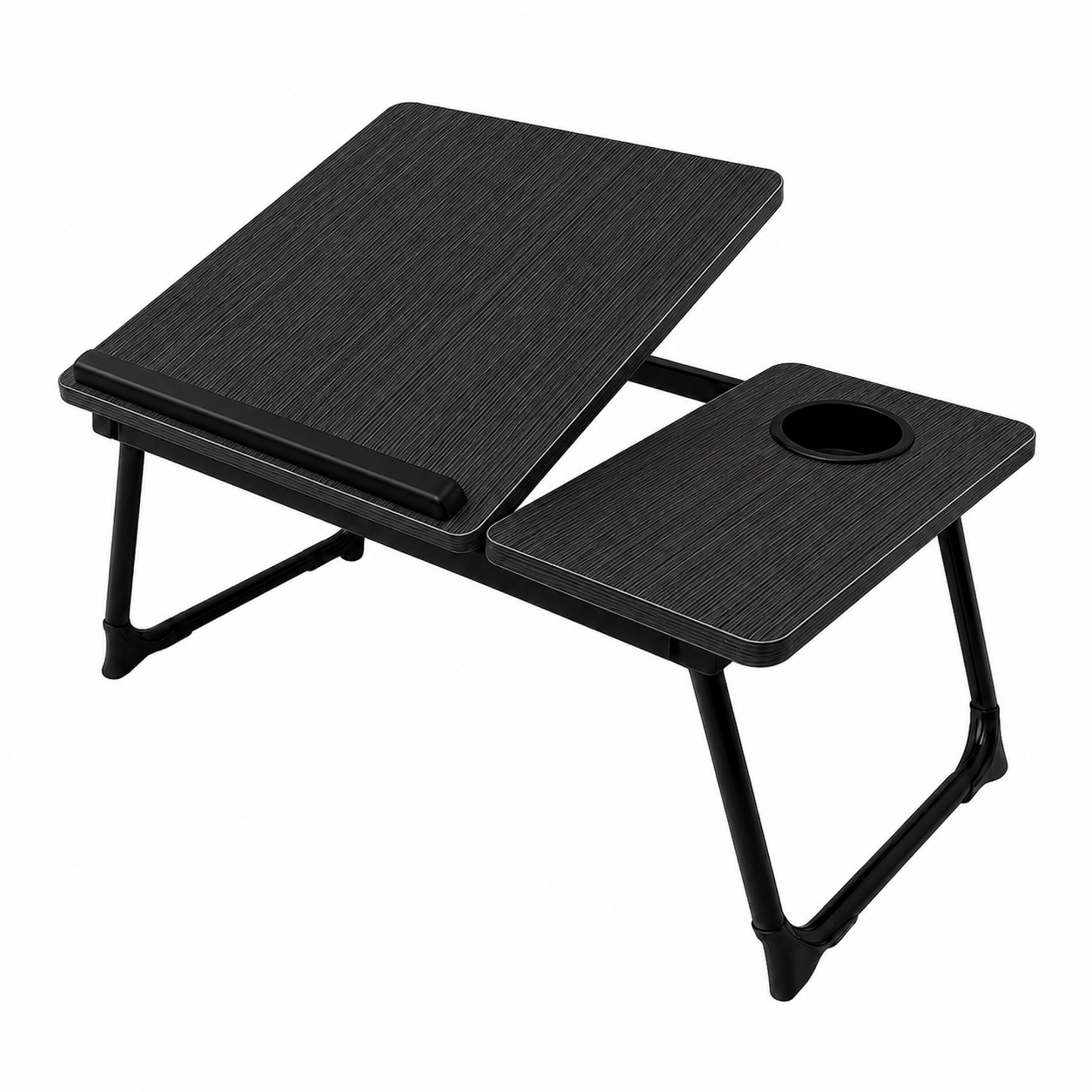 Un escritorio plegable negro para regazo con superficie inclinada ajustable y portavasos integrado.