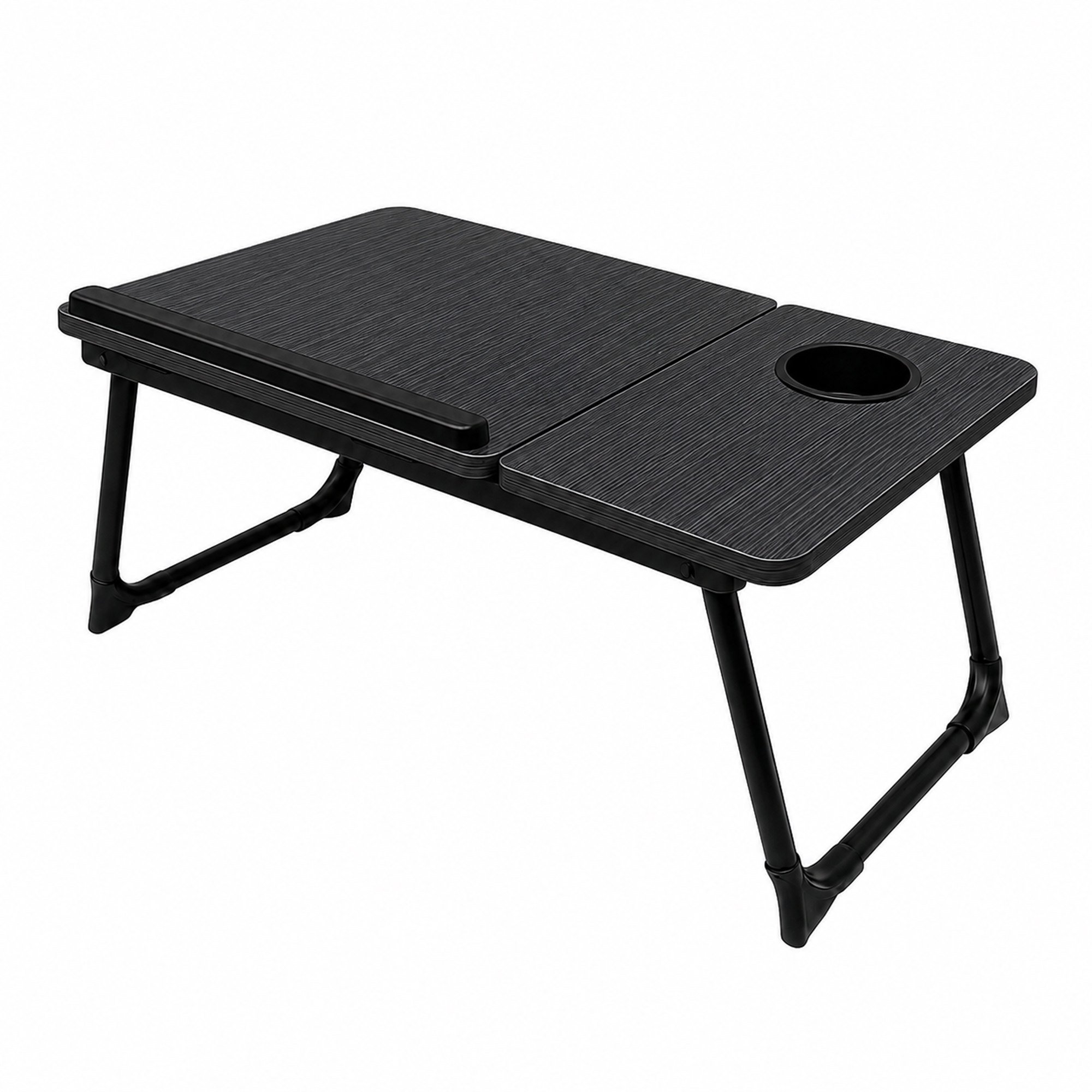 Mesa de cama negra con patas plegables, tope para portátil y portavasos integrado sobre fondo blanco.