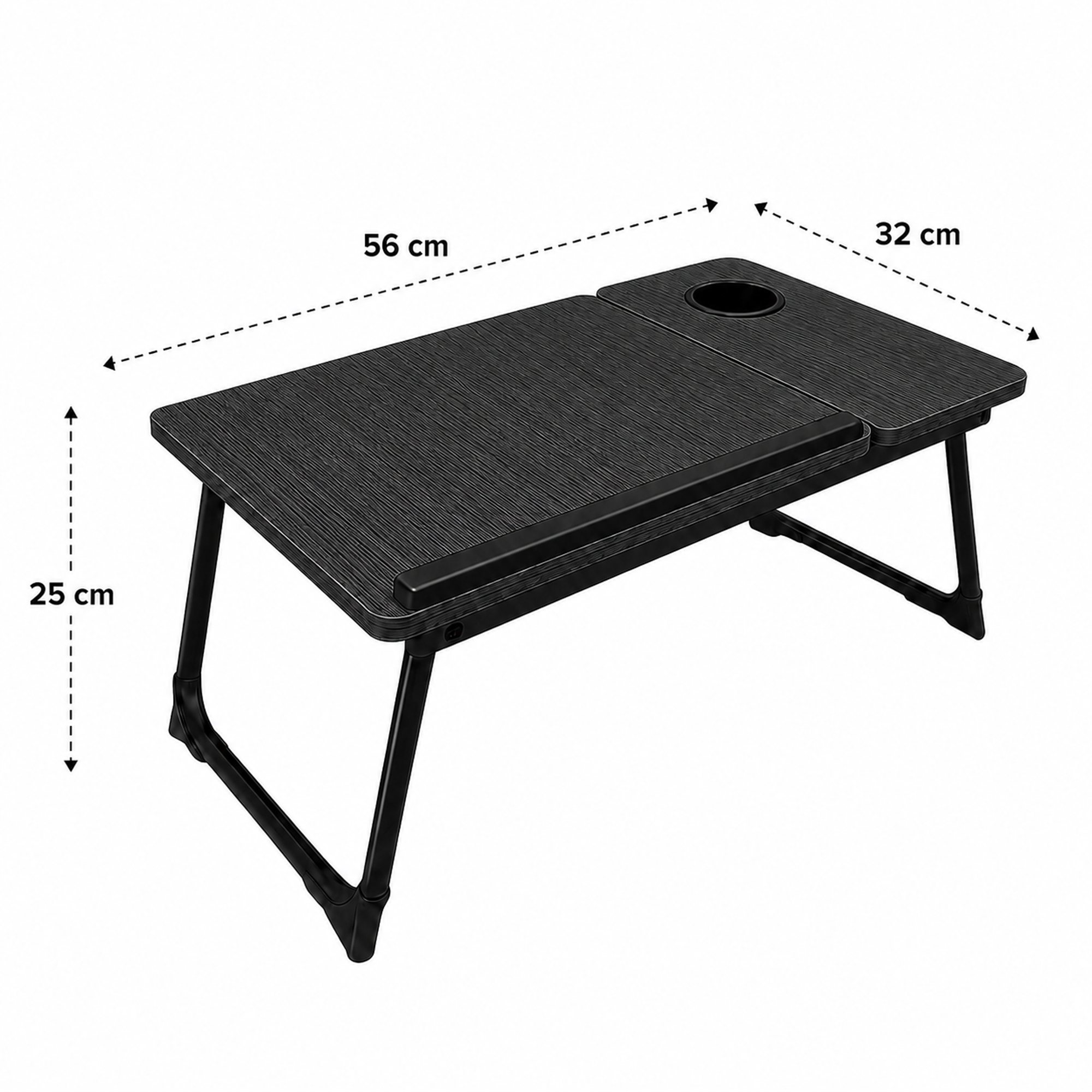 Mesa plegable negra para portátil de 56x32x25 cm con posavasos sobre un fondo blanco.