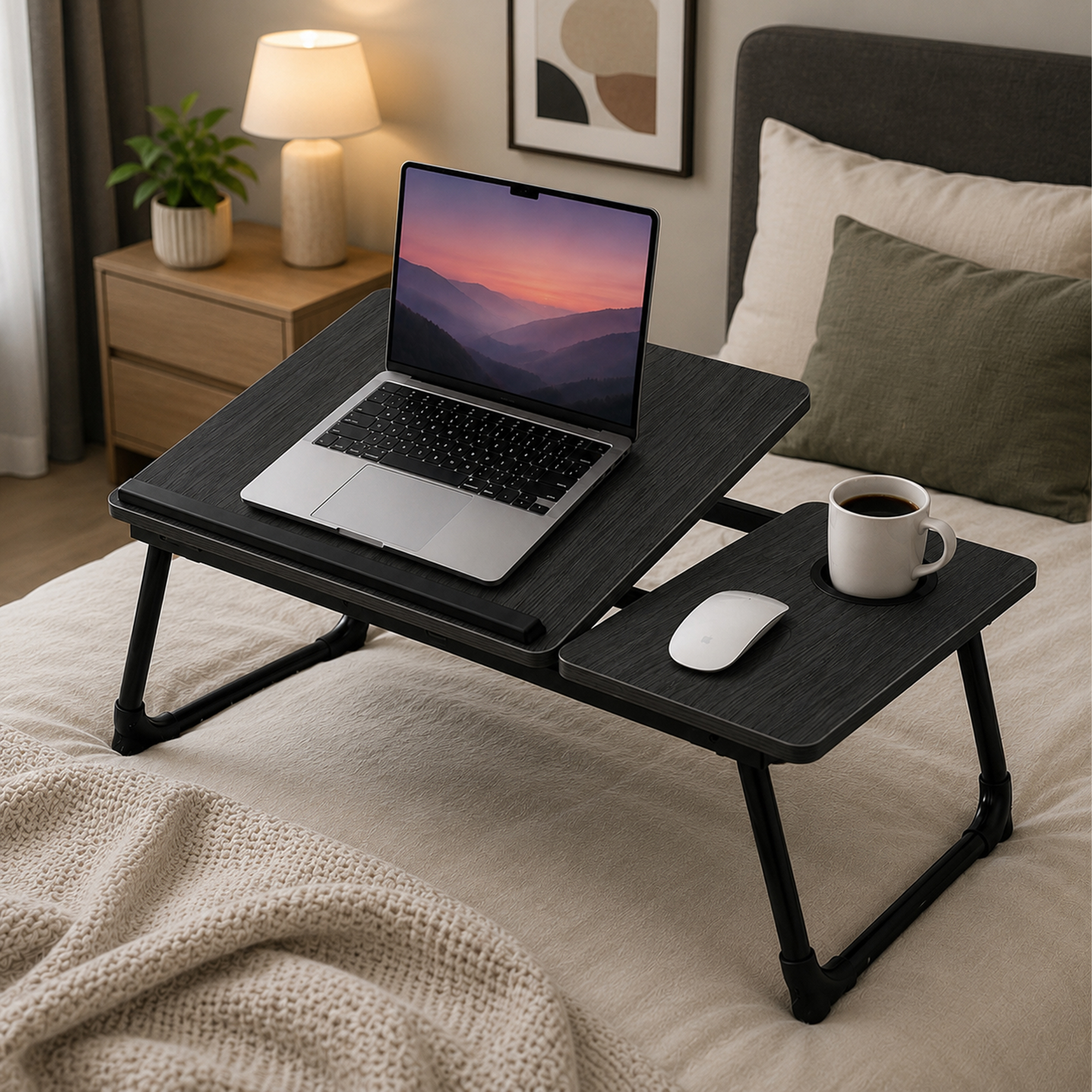 Un ordenador portátil sobre una bandeja de cama plegable negra con ratón y taza blanca.