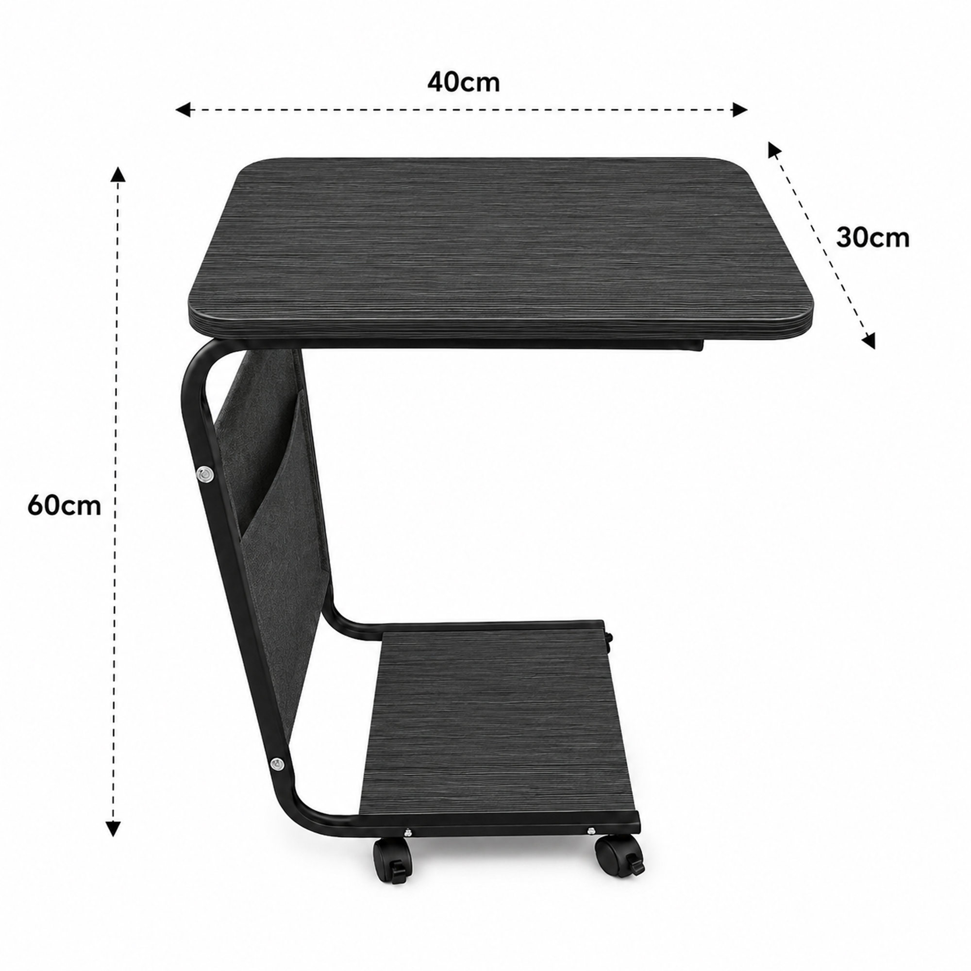 Mesa auxiliar negra con ruedas, bolsillo de tela lateral y dimensiones de 40x30x60 cm.