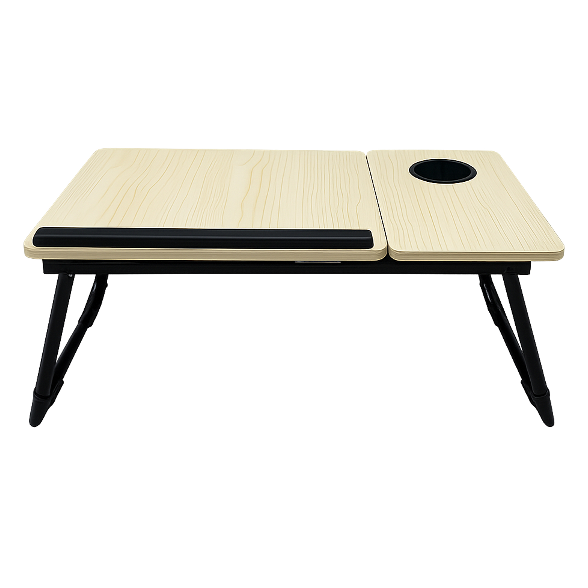 Mesa de cama portátil de madera clara con patas plegables negras, tope negro y un portavasos integrado.