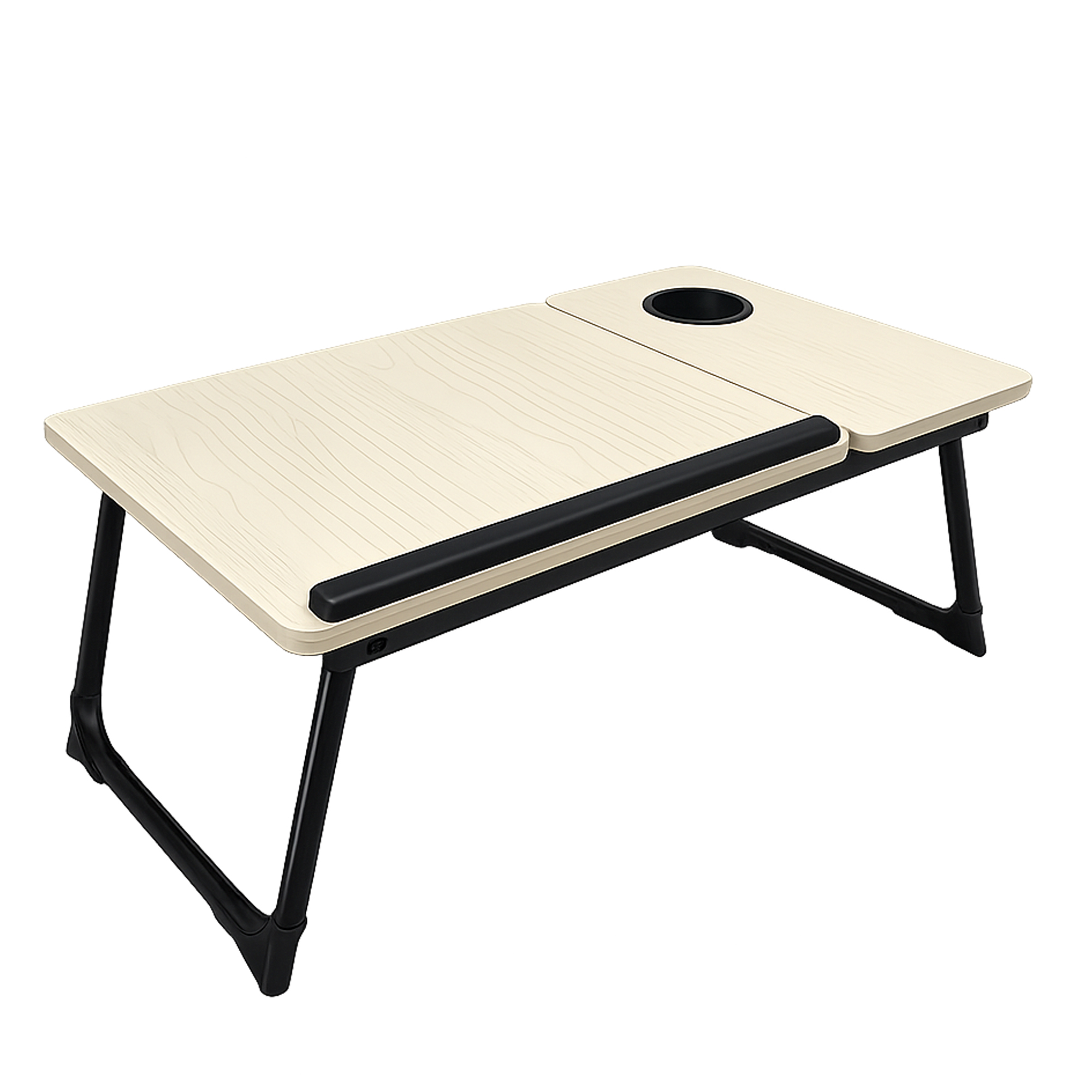 Mesa de cama para portátil beige con patas plegables negras y posavasos.