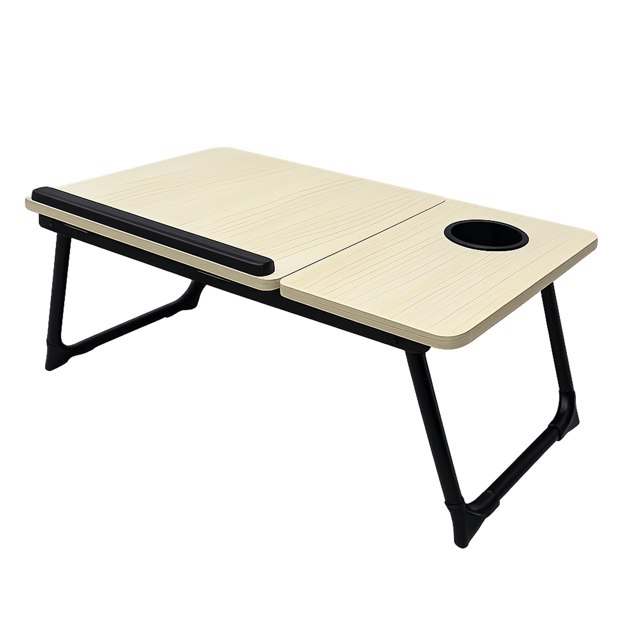 Una pequeña mesa para regazo de madera clara con patas negras, tope de borde negro y portavasos integrado.