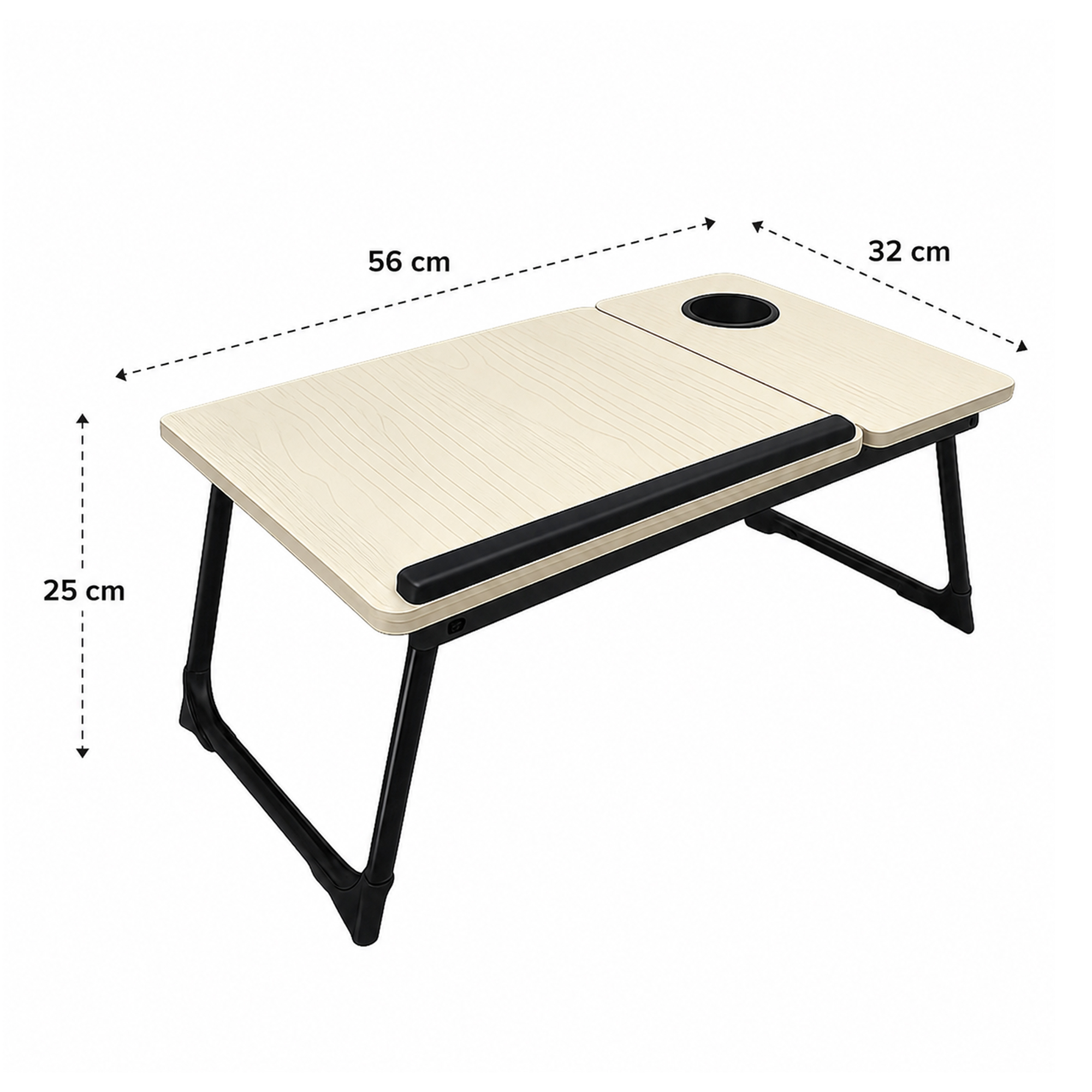 Mesa de cama plegable de madera con patas negras, posavasos y dimensiones de 56x32x25 cm.