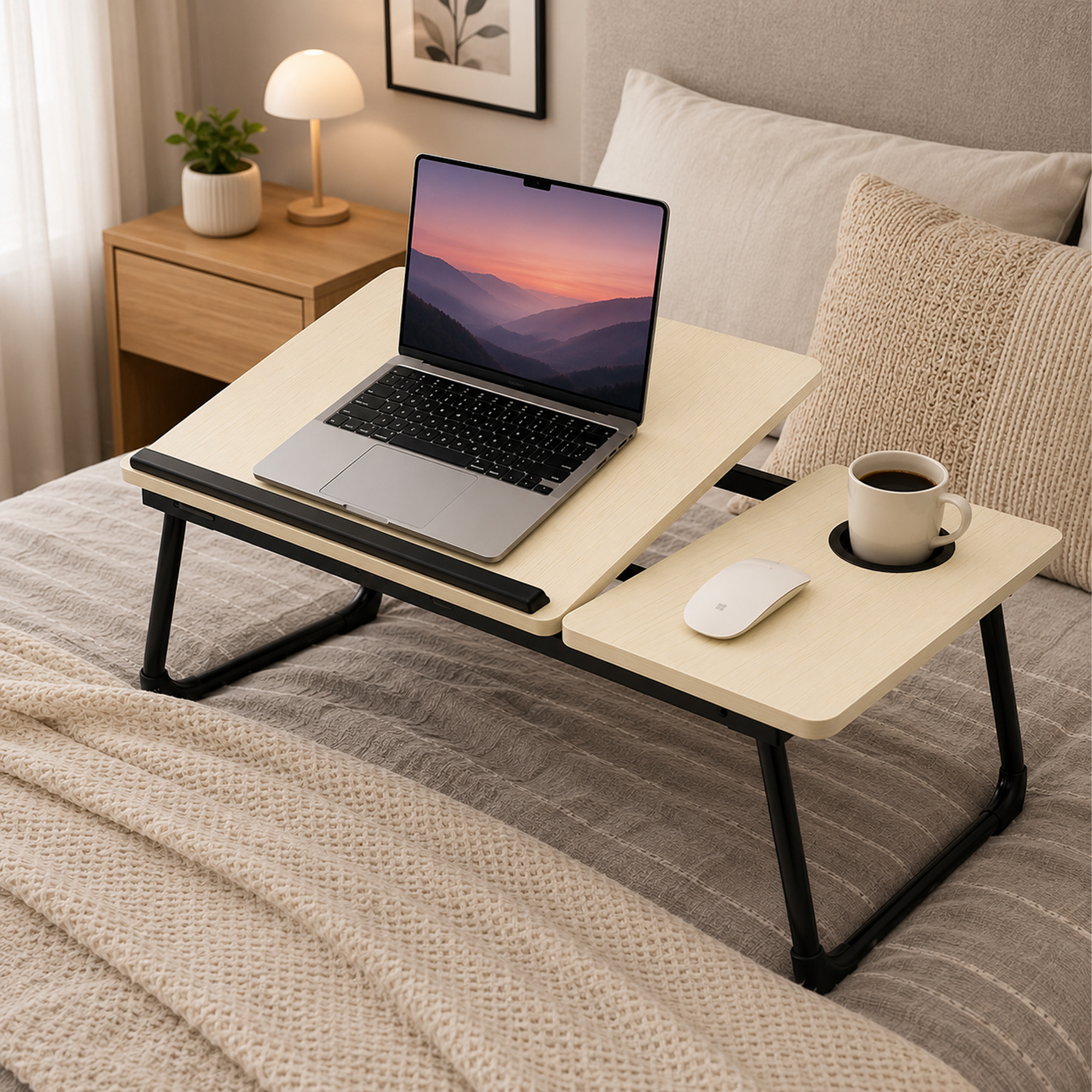 Una mesa para la cama con un portátil, ratón y taza de café.