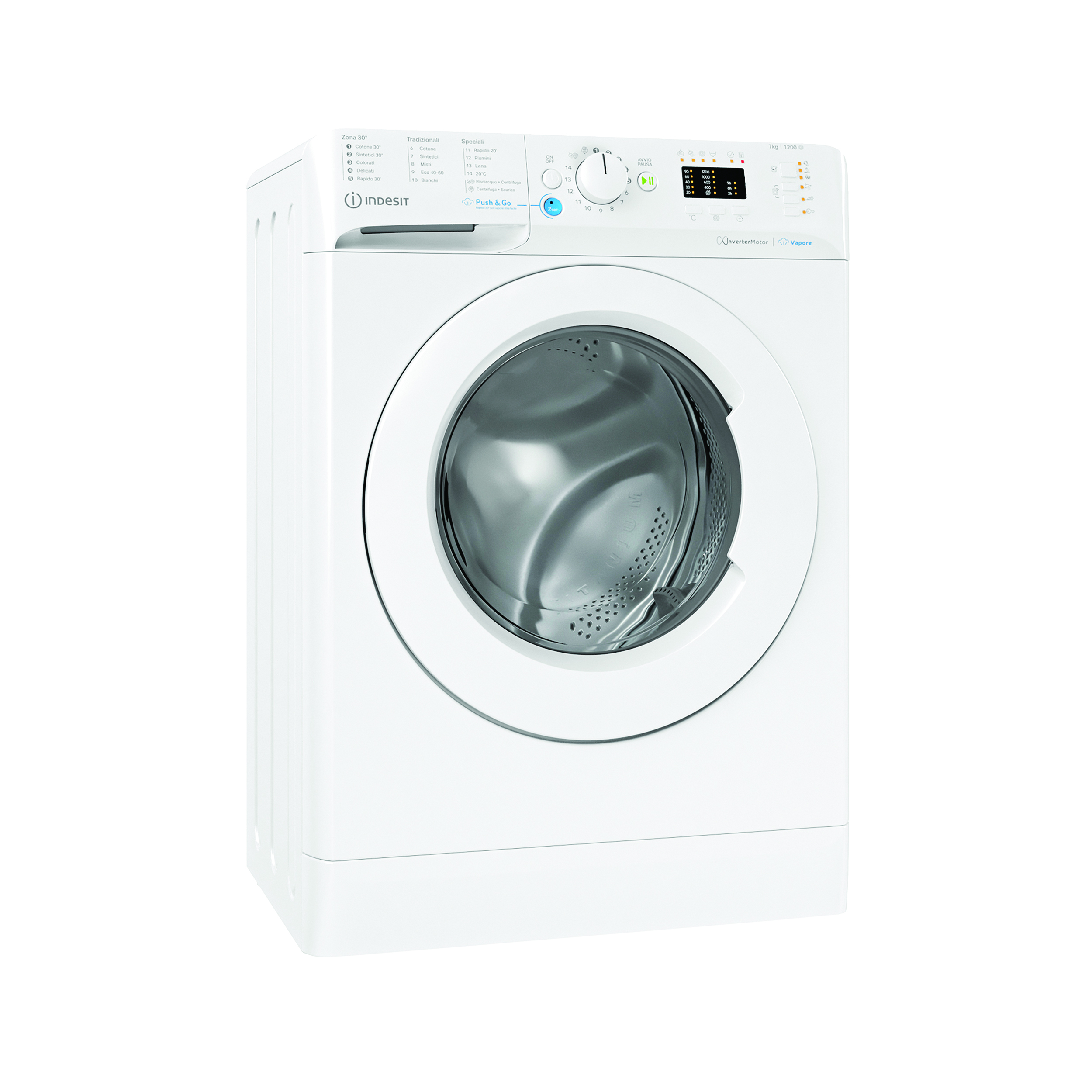 Una lavatrice a carica frontale Indesit bianca con display digitale e manopola su sfondo bianco.