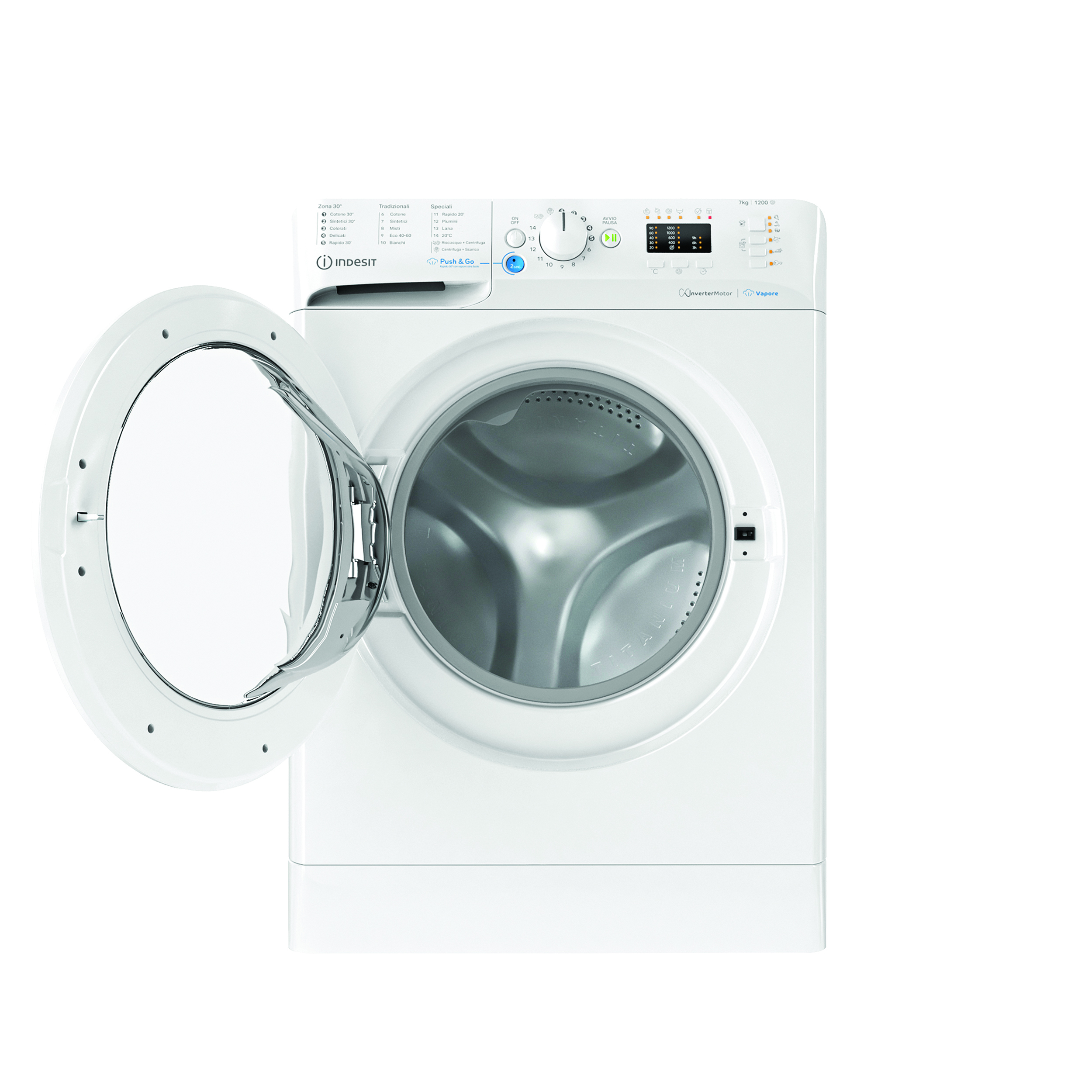 Una lavatrice Indesit bianca con lo sportello del cestello aperto su sfondo bianco.