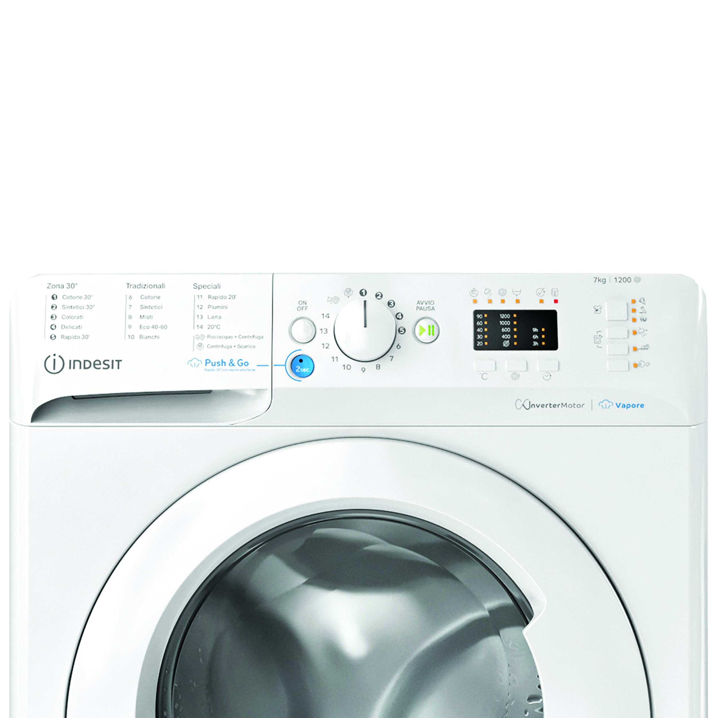 Pannello di controllo di una lavatrice Indesit bianca con manopola centrale, display e lista programmi.