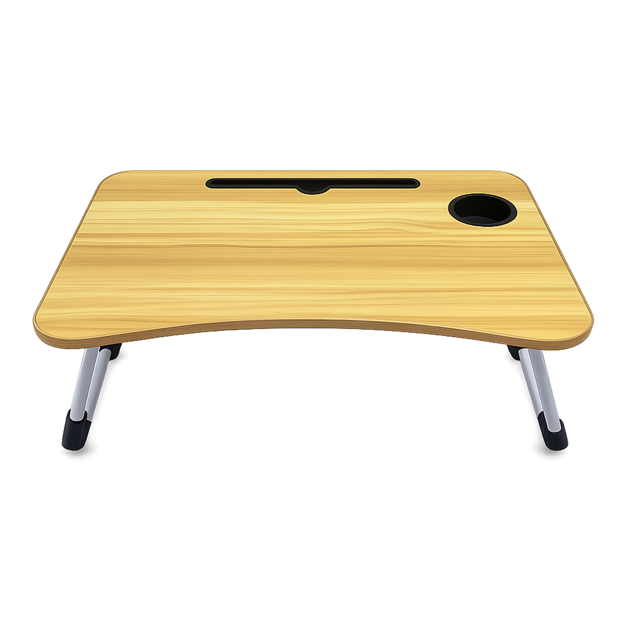 Un escritorio de regazo de madera con borde curvo, ranura para tableta y portavasos en patas plateadas.