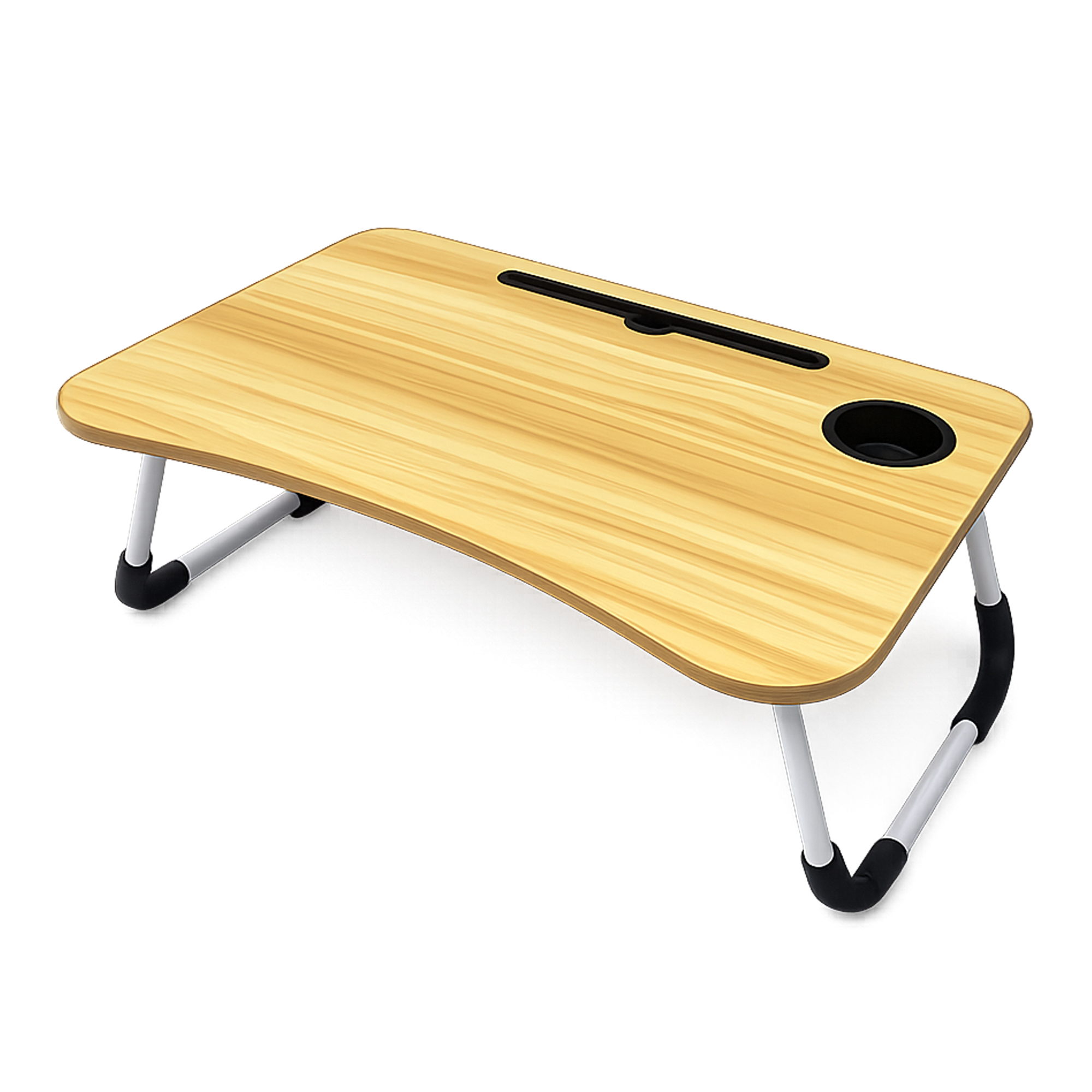 Una mesa pequeña de madera para la cama con patas plegables, portavasos integrado y ranura sobre fondo blanco.