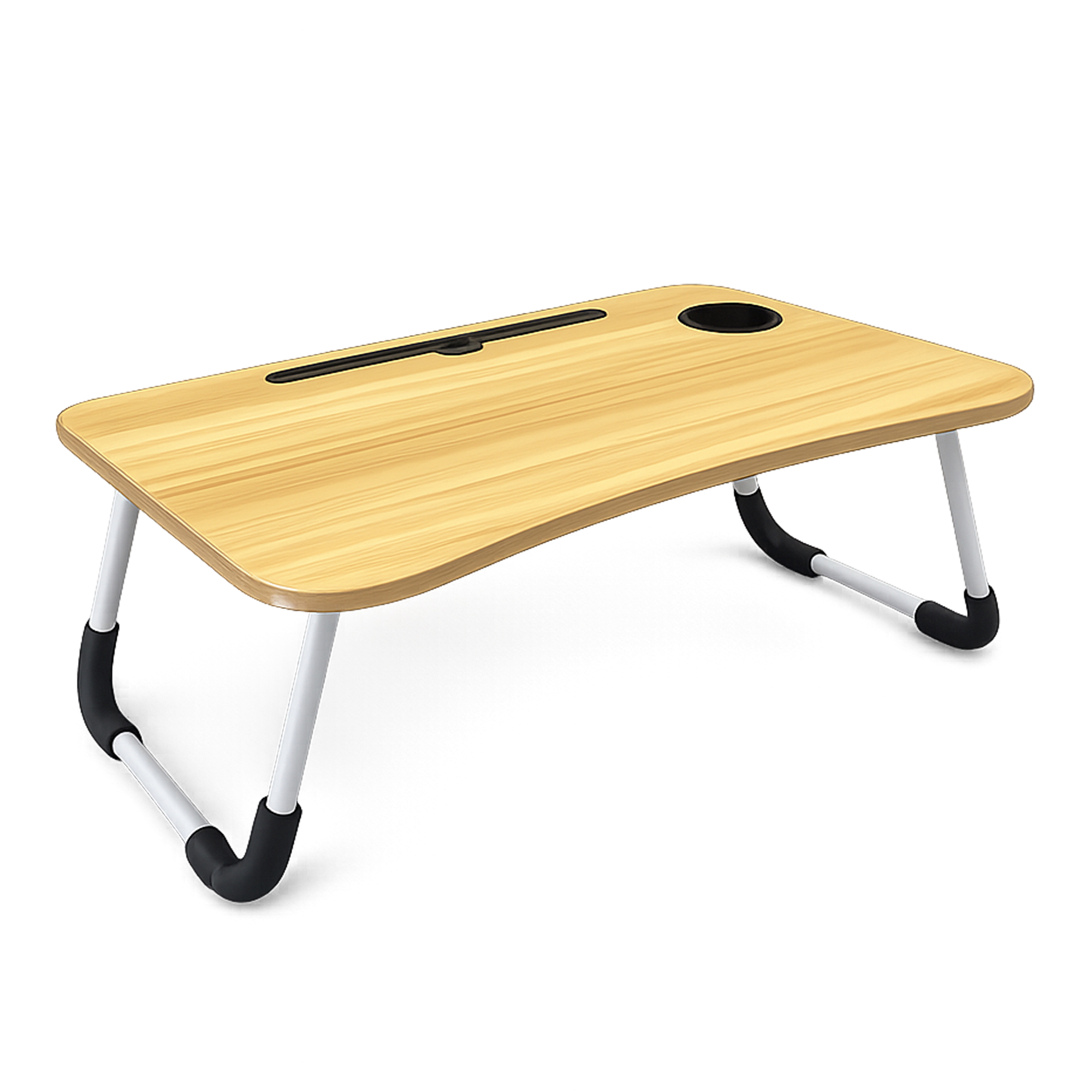 Un escritorio de regazo de madera con patas de metal plegables, ranura para tableta y portavasos sobre fondo blanco.