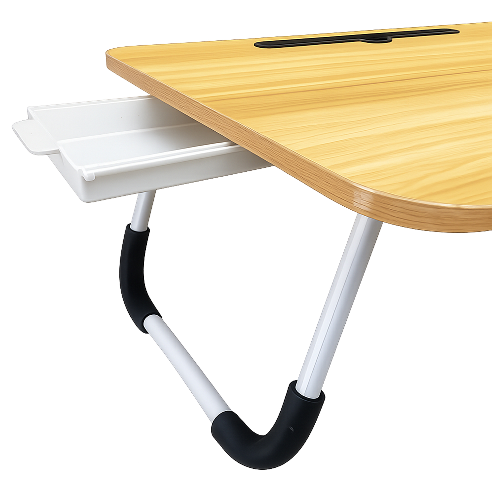Una mesa de madera para portátil con cajón blanco extraíble y patas metálicas plegables con agarres de espuma.