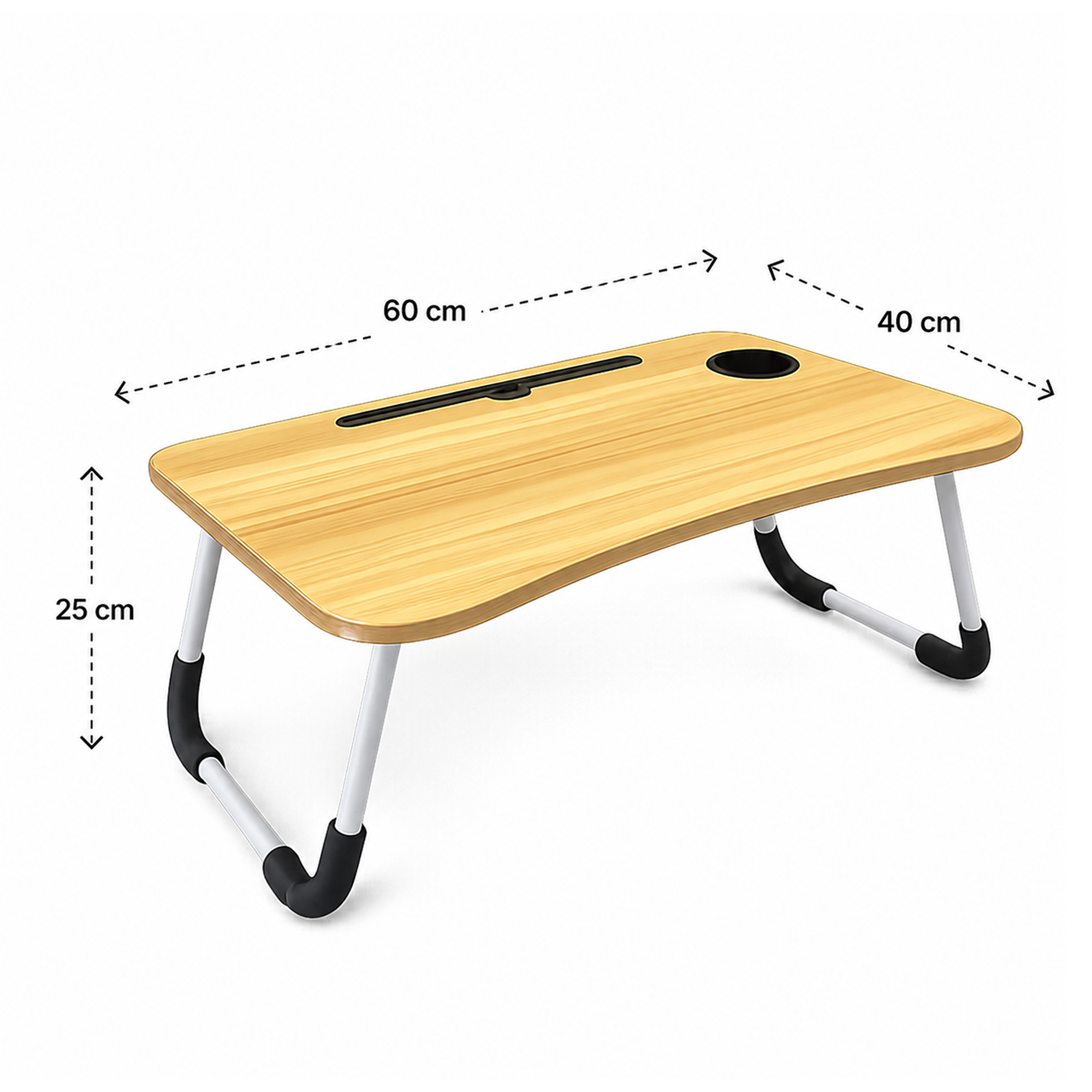 Una mesa plegable de madera de 60cm de ancho, 40cm de profundidad y 25cm de alto, con posavasos y ranura.