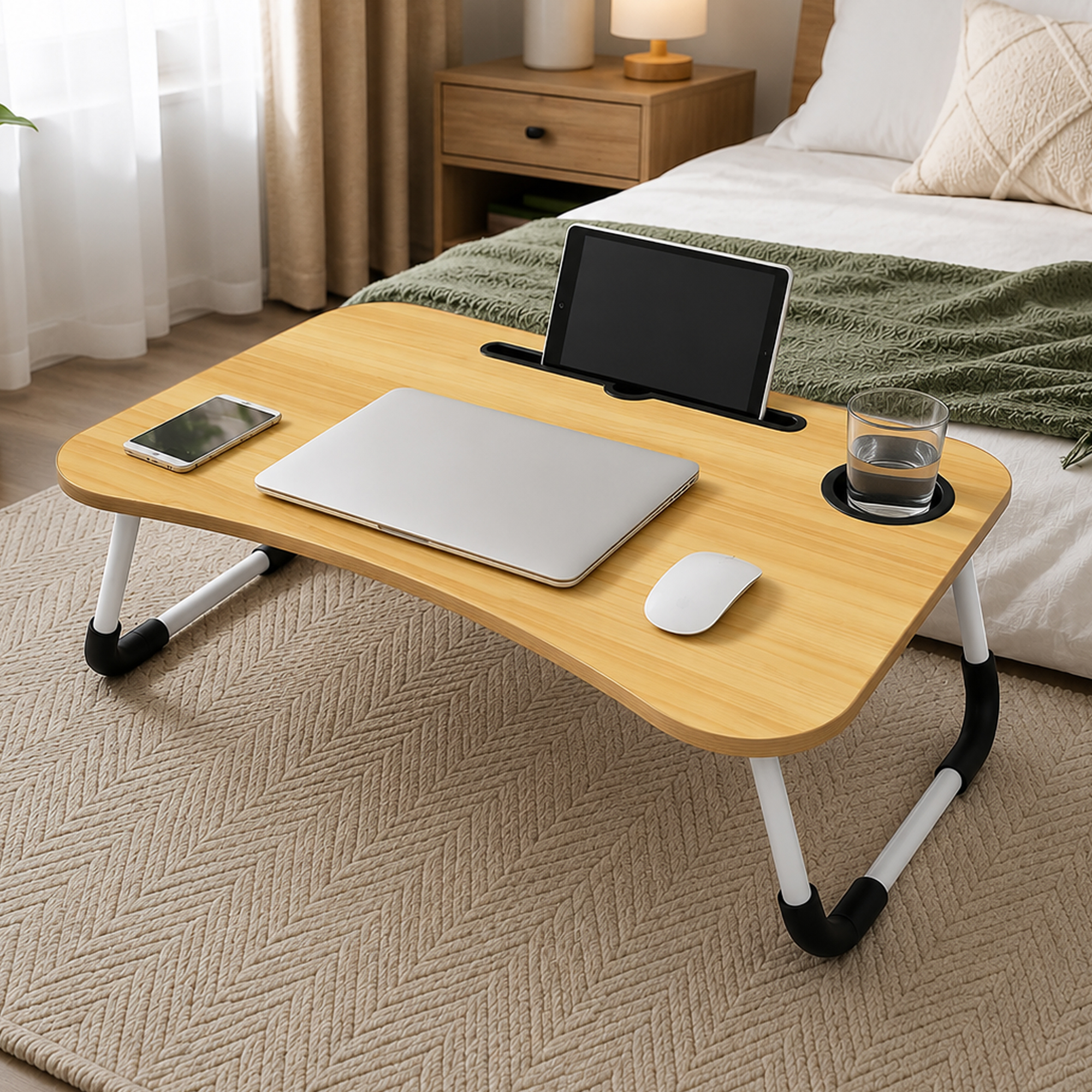Mesa de cama de madera con portátil, tableta, ratón, móvil y vaso de agua.