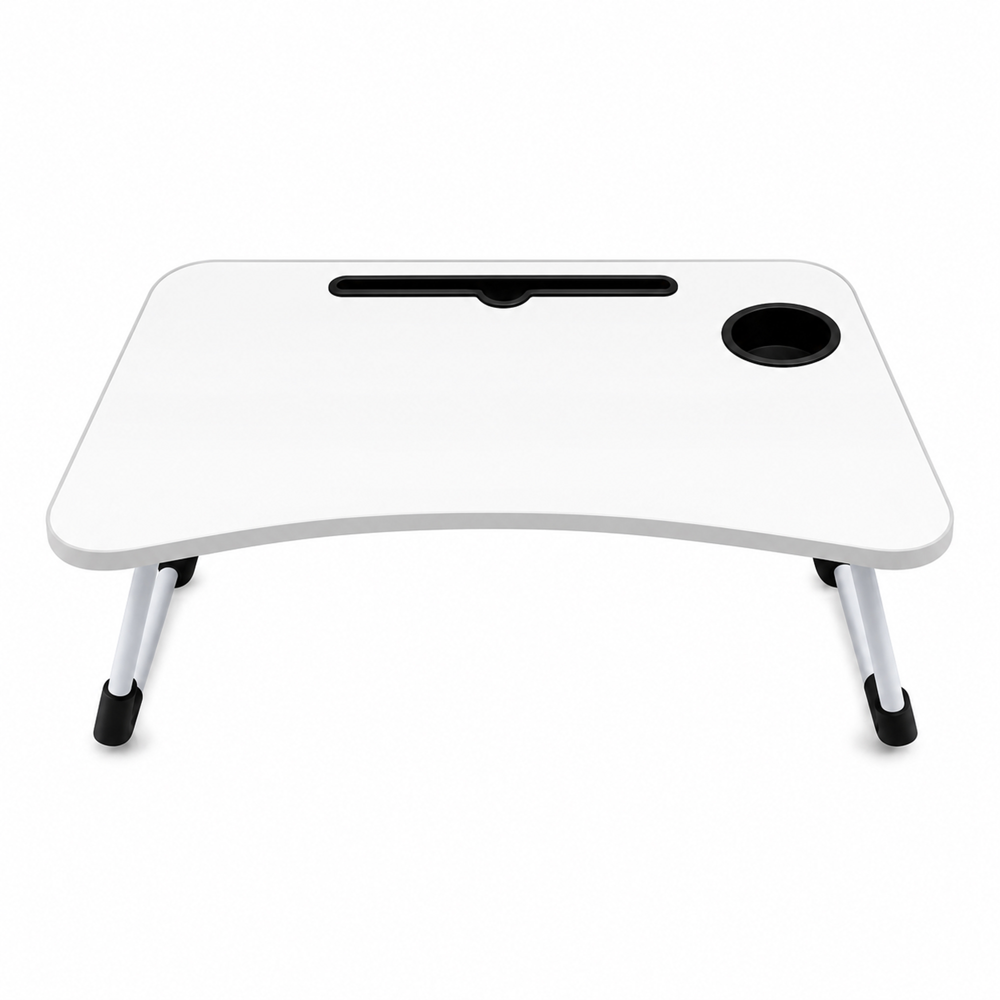 Una mesa portátil blanca para cama con patas plegables, portavasos y ranura sobre fondo blanco.