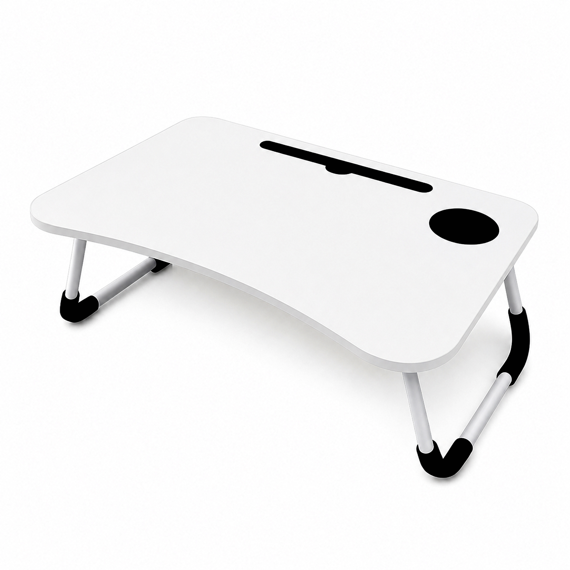 Un escritorio plegable blanco con borde curvo, portavasos negro y ranura para tableta.