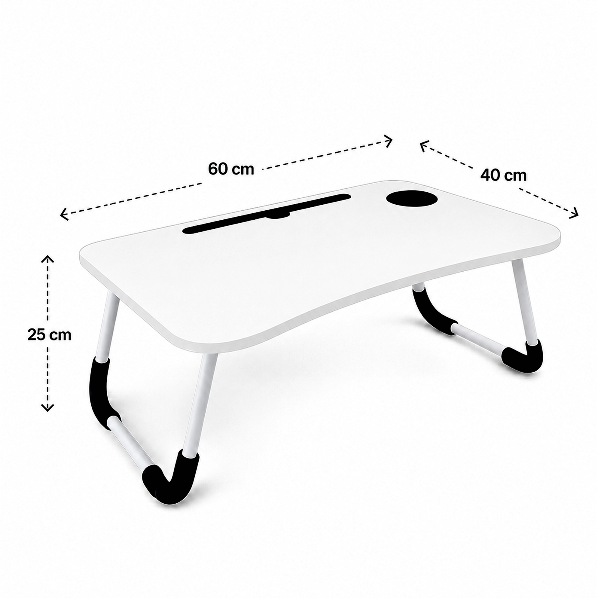 Bandeja de cama plegable blanca con patas negras, ranura y posavasos, dimensiones 60x40x25 cm.
