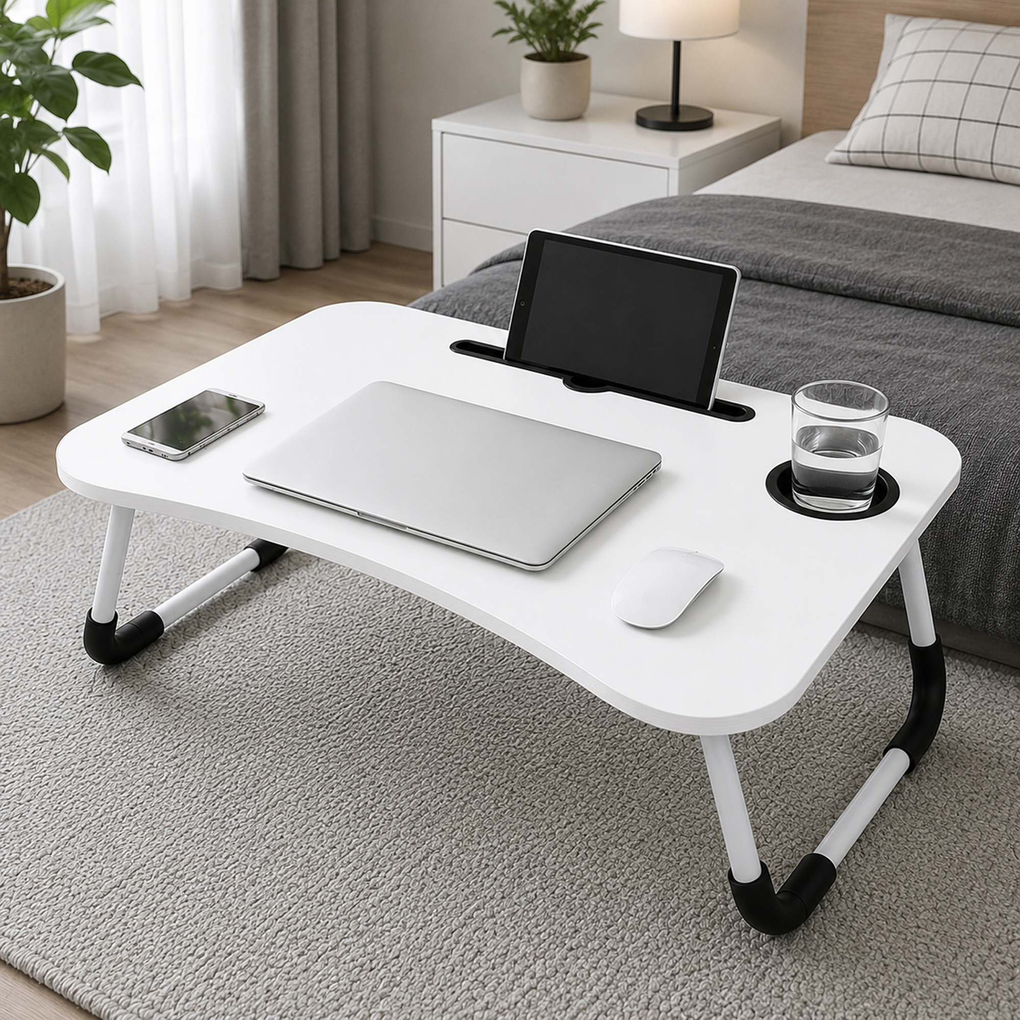 Un escritorio blanco para portátil en una alfombra gris con ordenador, tableta, teléfono, ratón y agua.