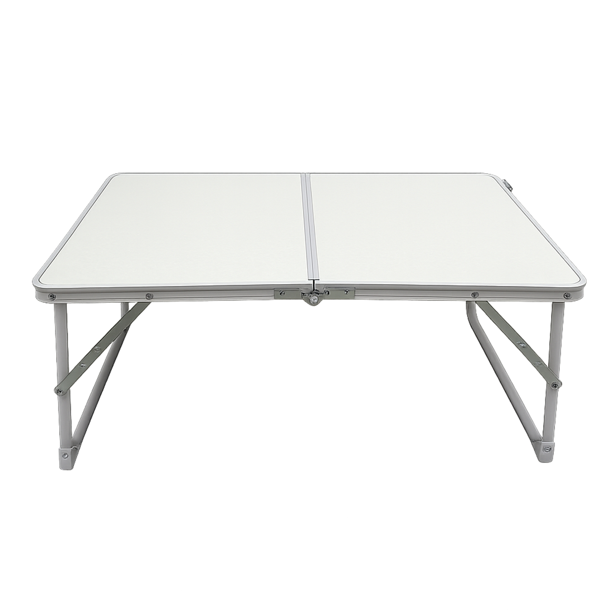 Una mesa de camping plegable blanca con estructura de aluminio plateada sobre fondo blanco.