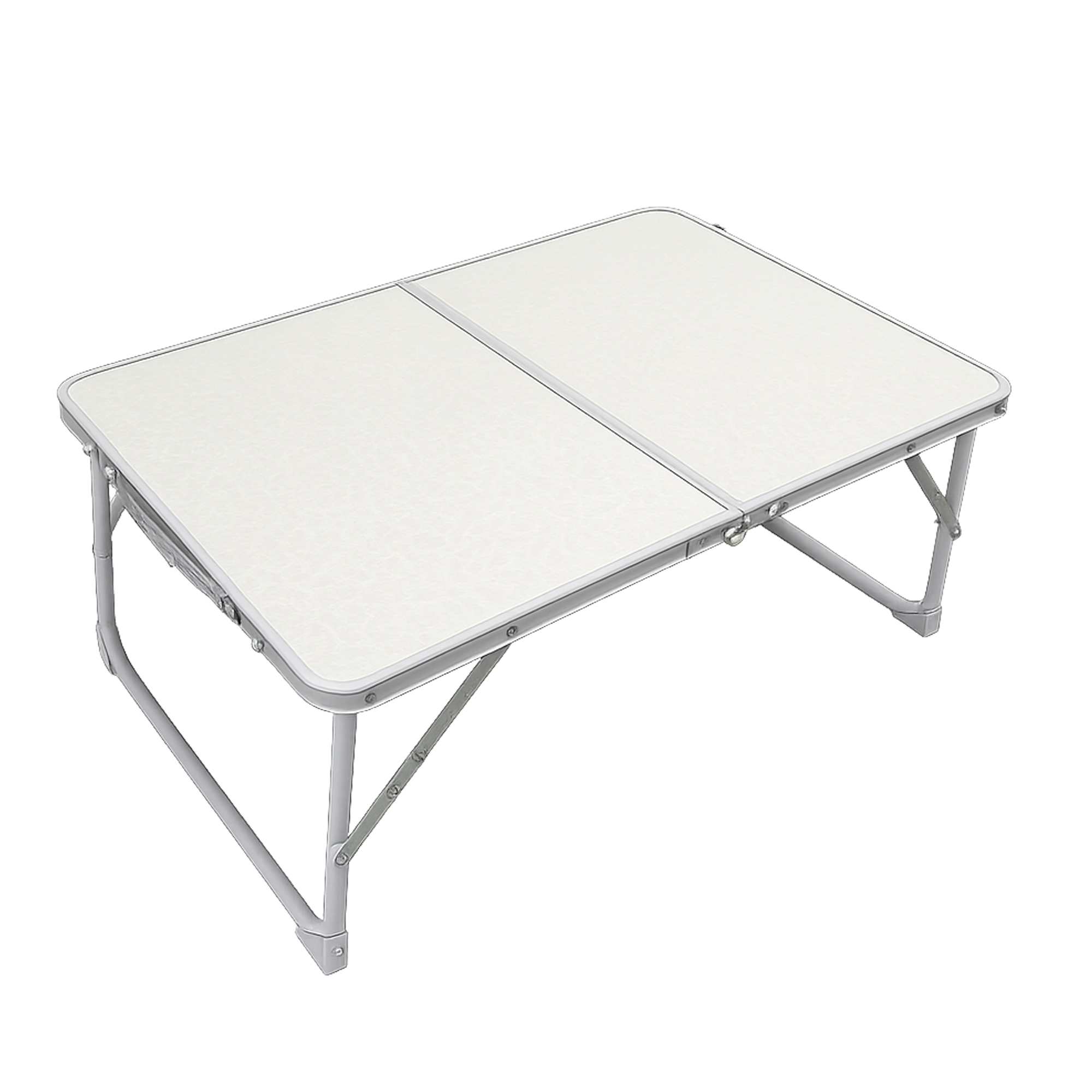 Una mesa de camping plegable blanca con patas de metal gris sobre fondo blanco.