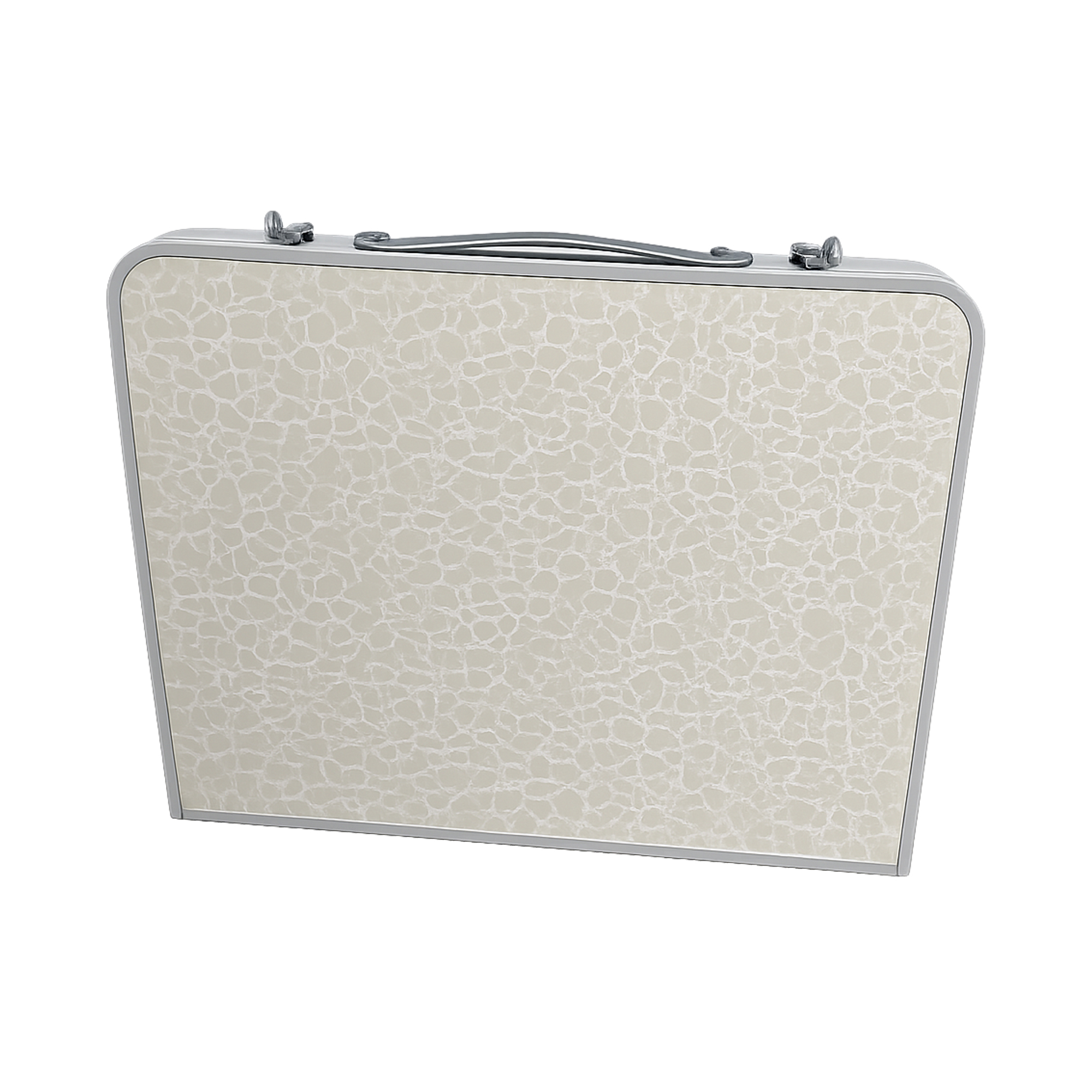 Una maleta de mesa plegable con patrón beige y blanco, marco y asa de aluminio plateado sobre fondo blanco.