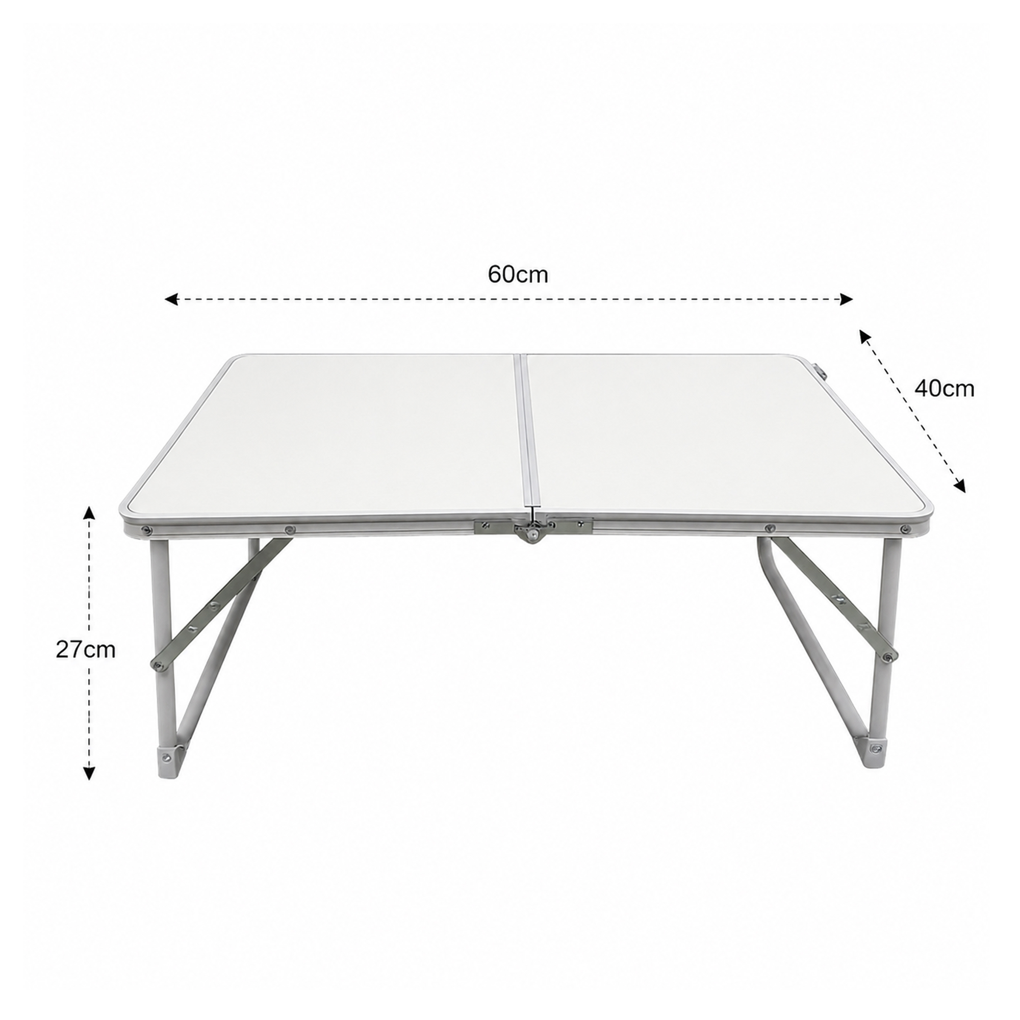 Una pequeña mesa de camping blanca plegable con dimensiones de 60x40x27 cm sobre fondo blanco.
