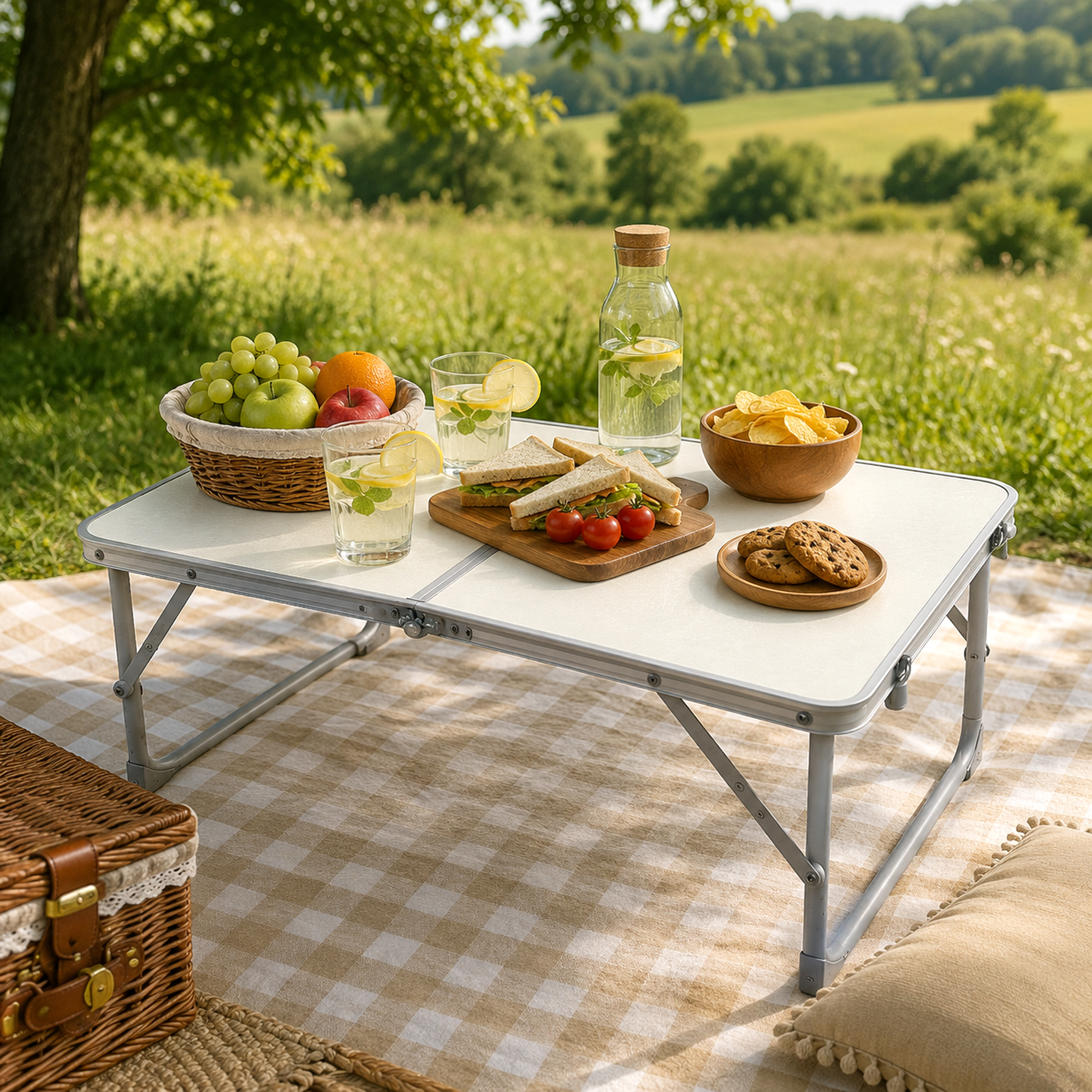 Una mesa de pícnic al aire libre con sándwiches, fruta, aperitivos y bebidas en un prado.