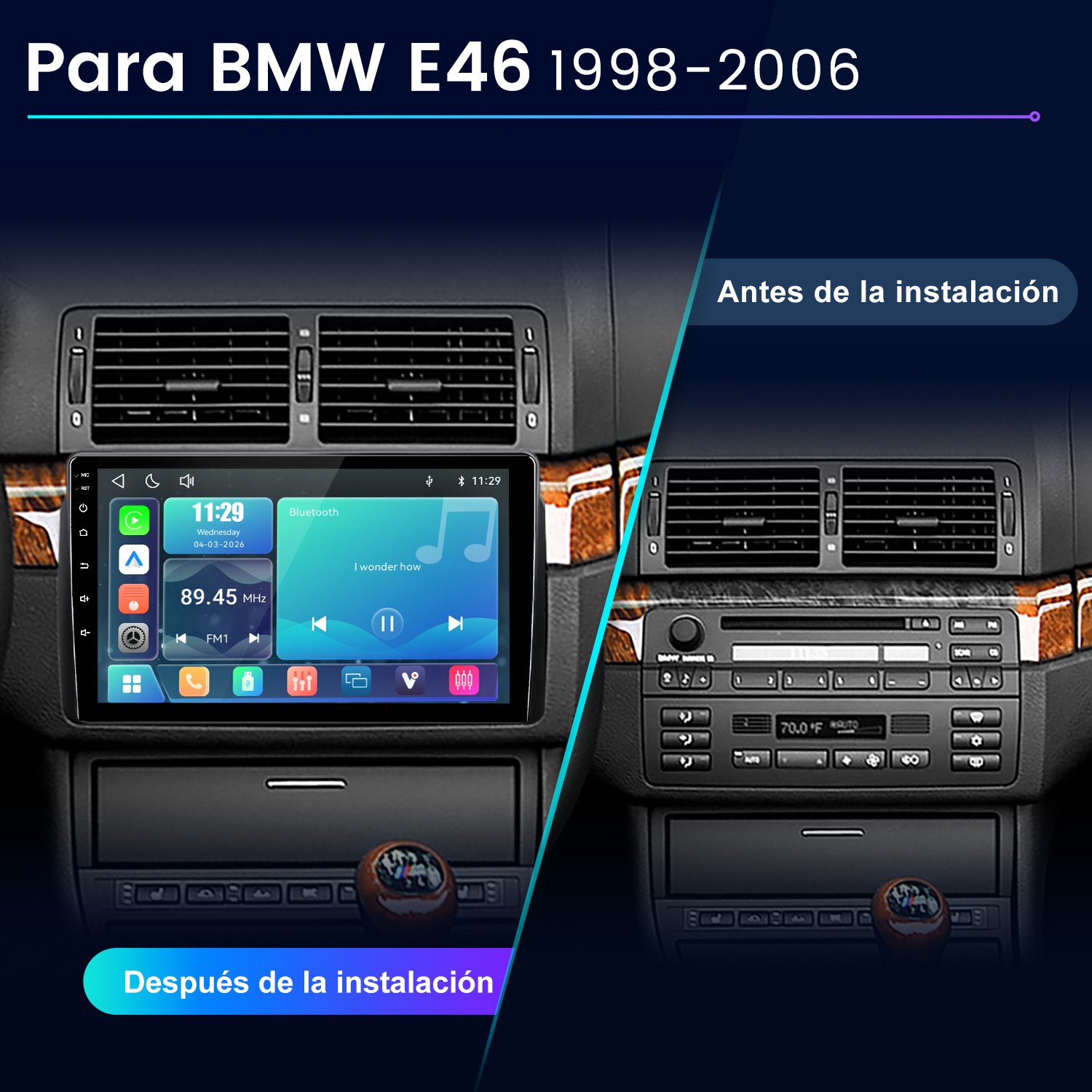 Comparación del salpicadero del BMW E46 antes y después de instalar una radio táctil.