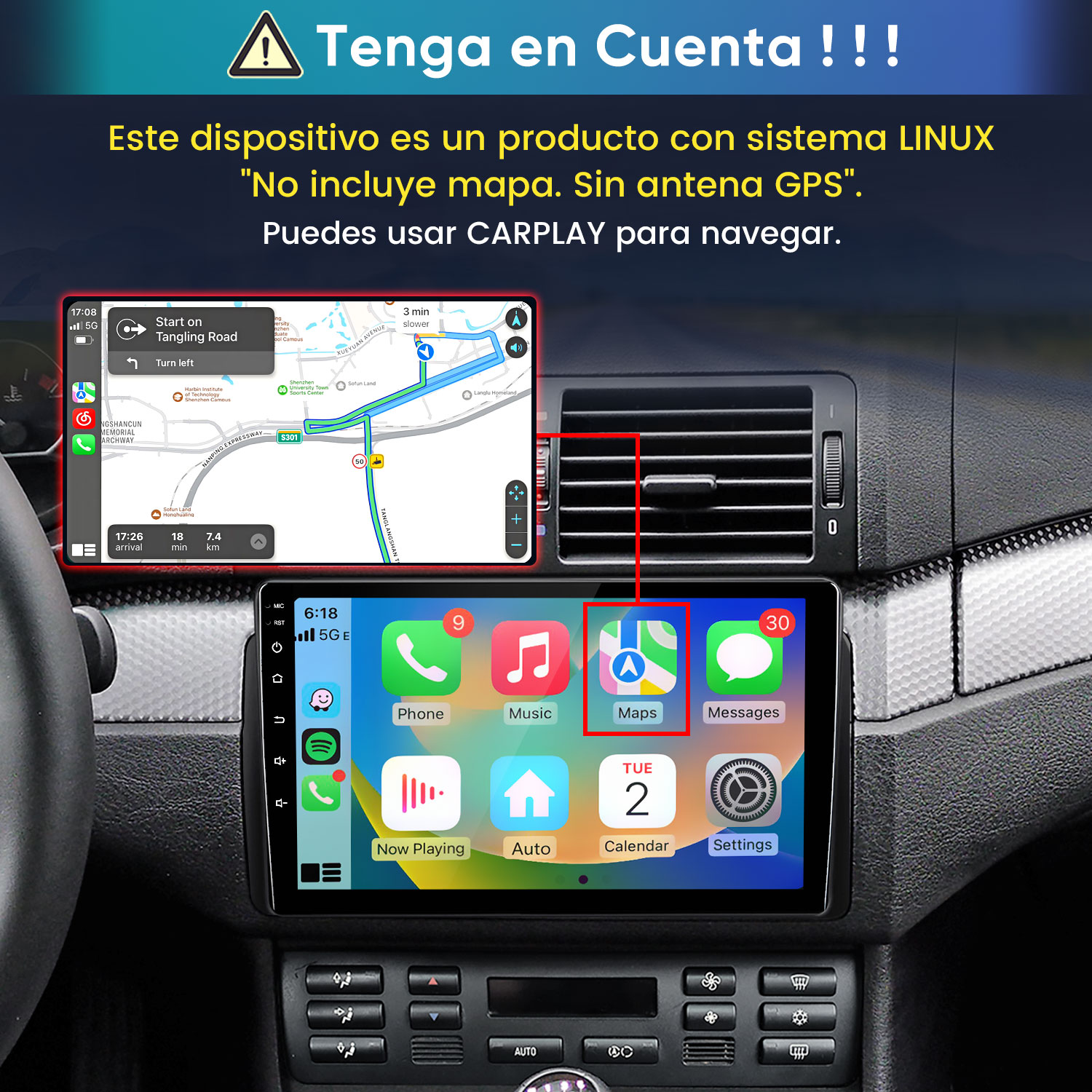 Autoradio Linux en salpicadero muestra pantalla CarPlay con navegación.