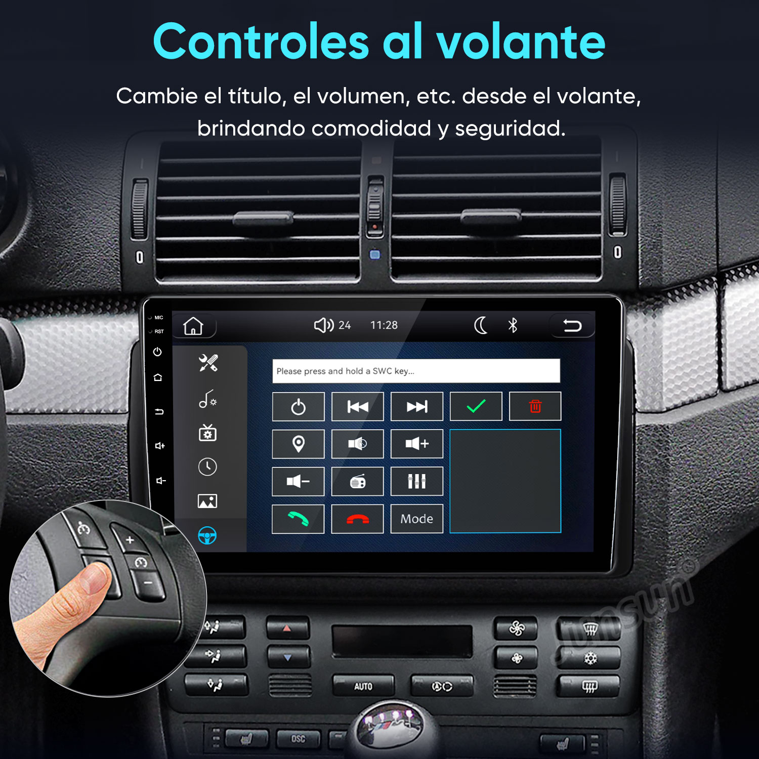 Interior de coche con pantalla multimedia táctil y controles en el volante.
