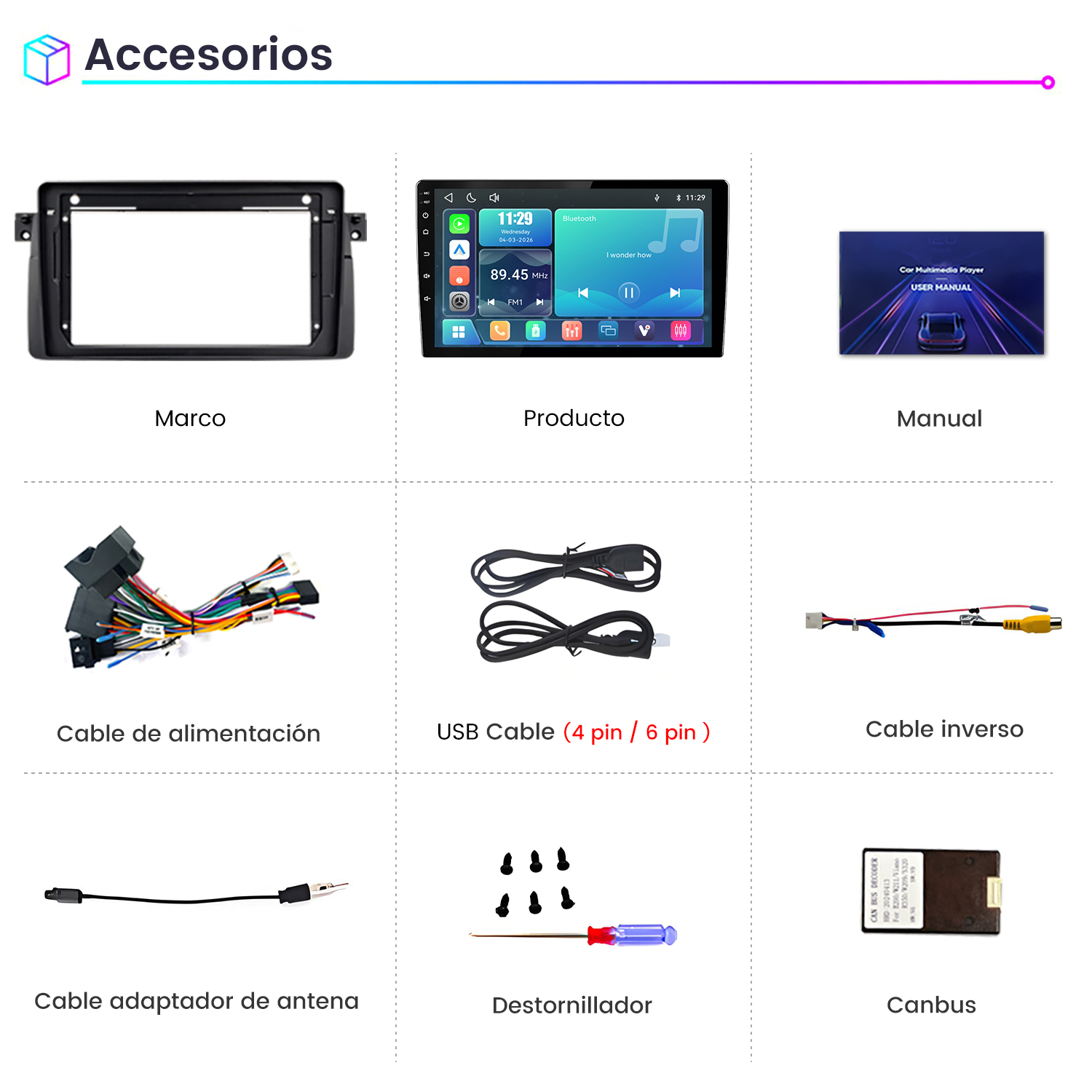 Resumen de accesorios para automóviles: marco, pantalla, cables y herramientas.