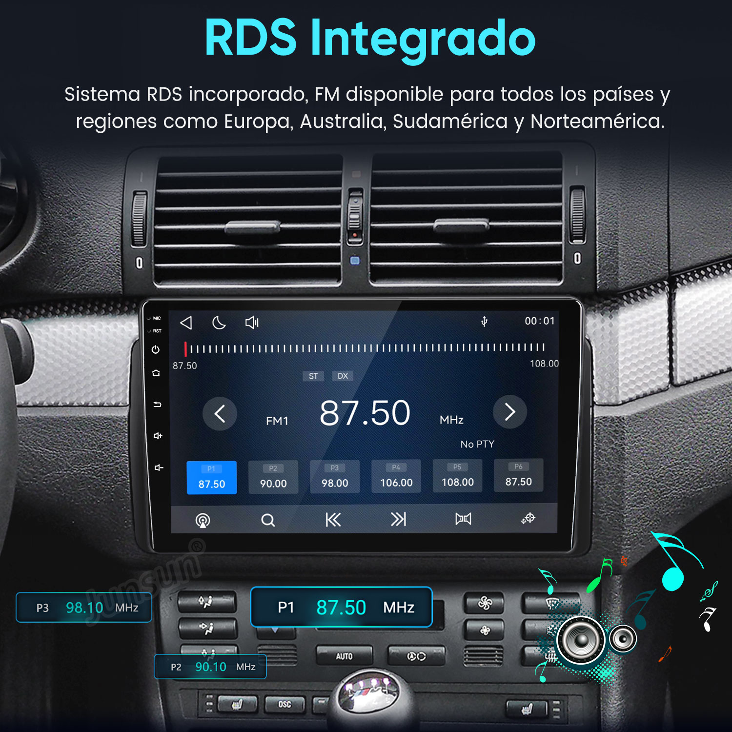 Autorradio con RDS integrado y radio FM mostrado en una pantalla táctil en un salpicadero.