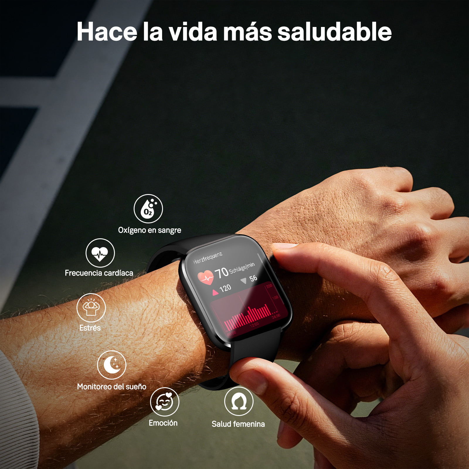 Muñeca con smartwatch mostrando frecuencia cardíaca, rodeado de iconos de salud.