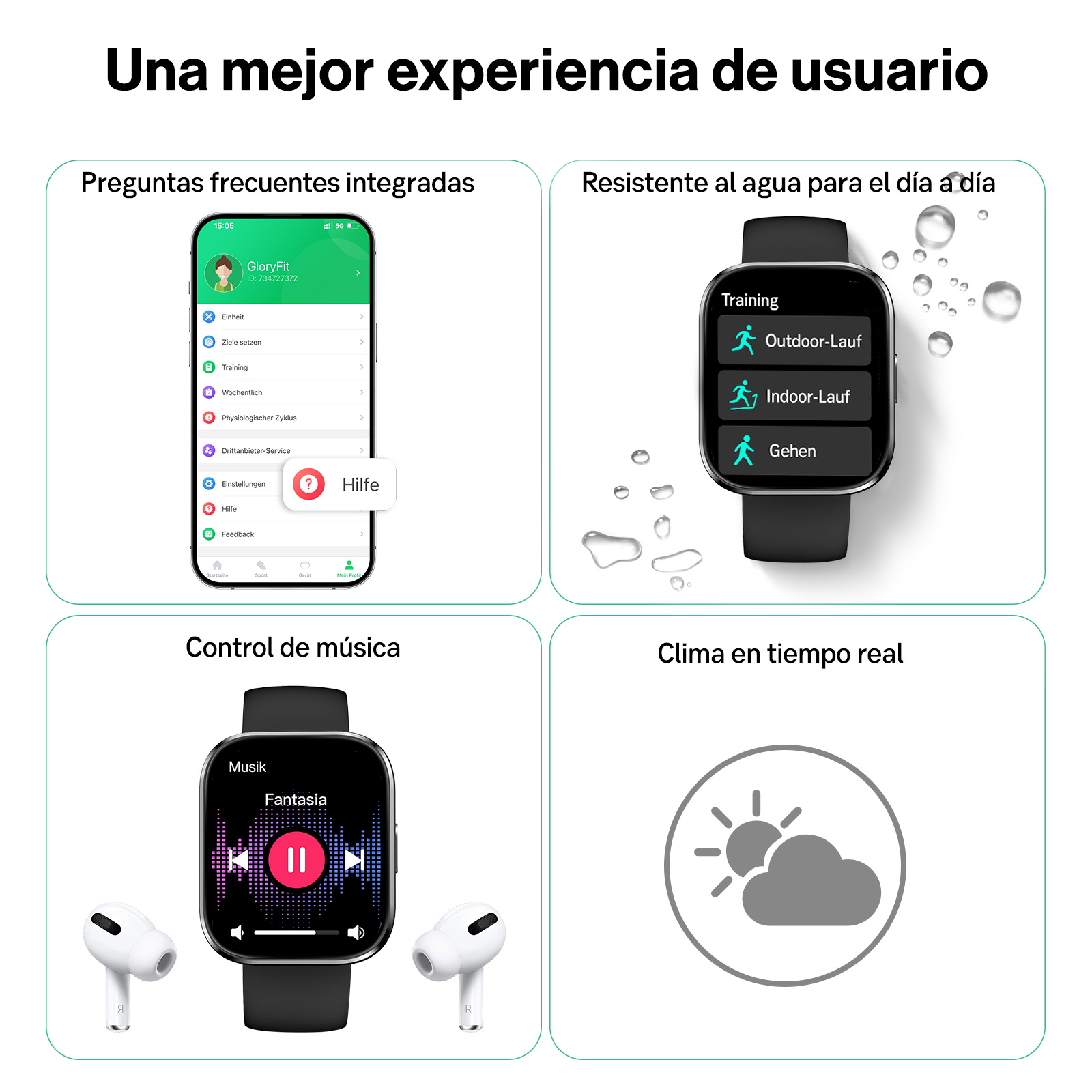 Cuatro paneles muestran funciones del smartwatch: app, resistencia al agua, música y clima.